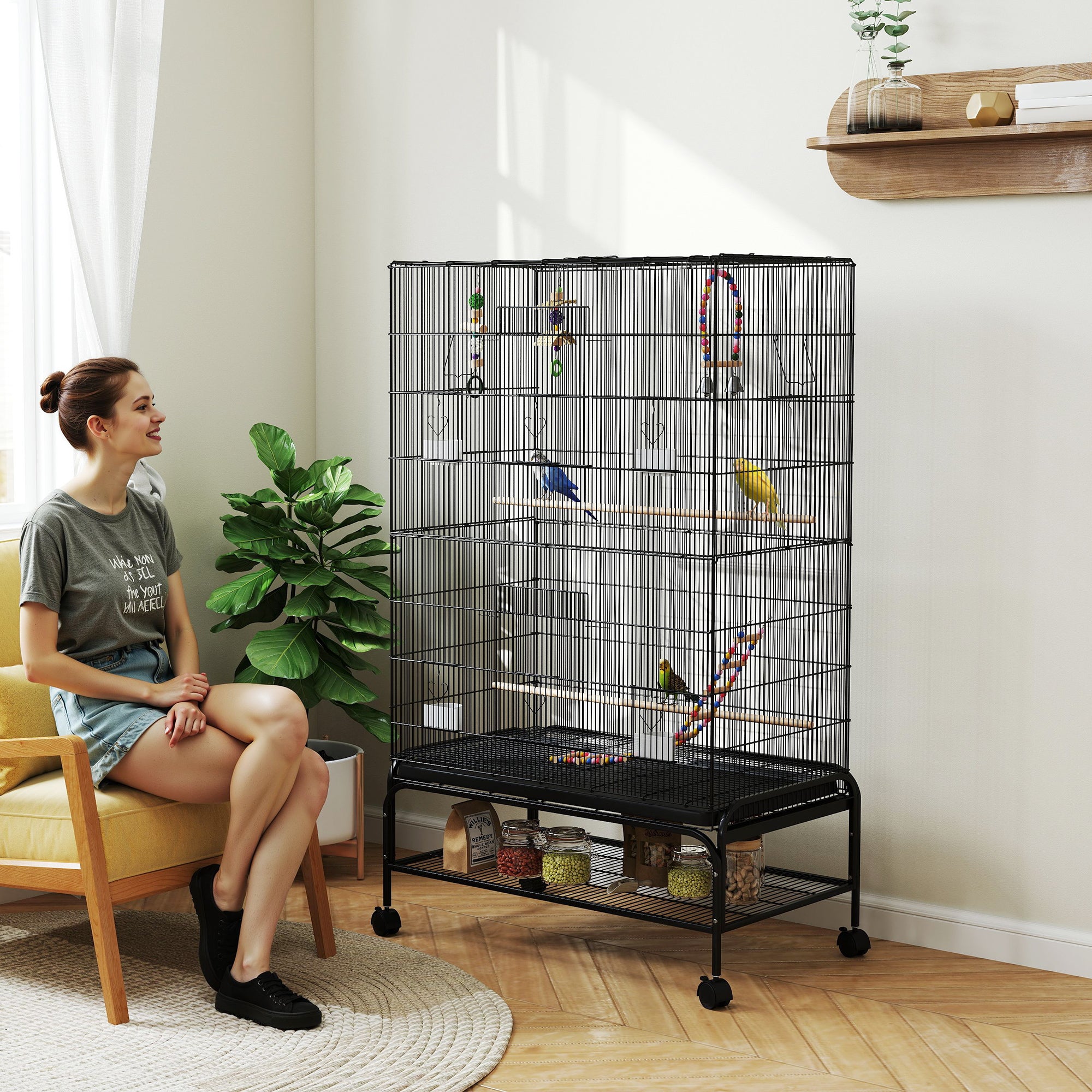63" Open Top Bird Cage with Rolling Stand and Toys - Black-Birds-DECOROLALA