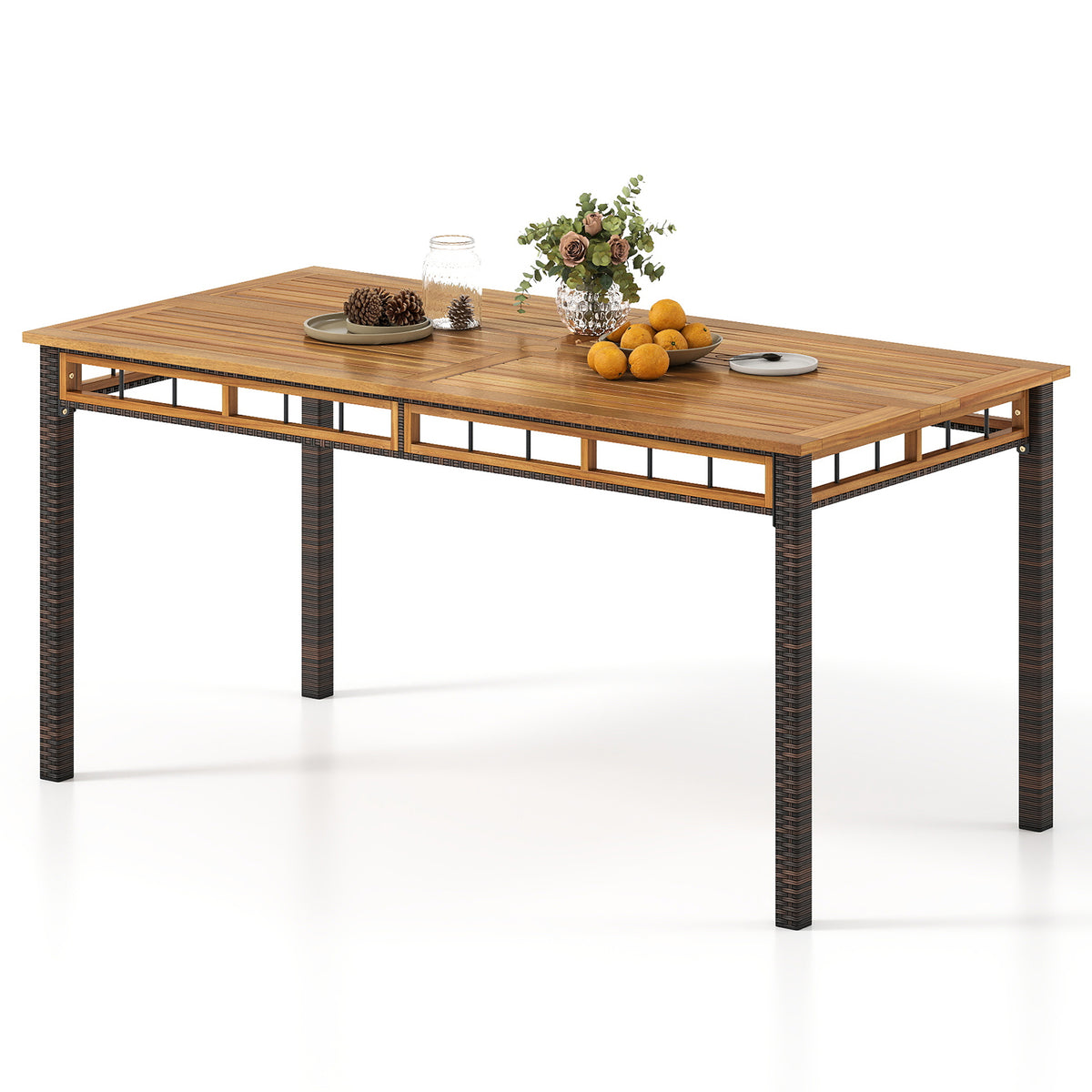 63" Outdoor Dining Table with Acacia Wood Slatted Tabletop-Patio Dining Tables-DECOROLALA