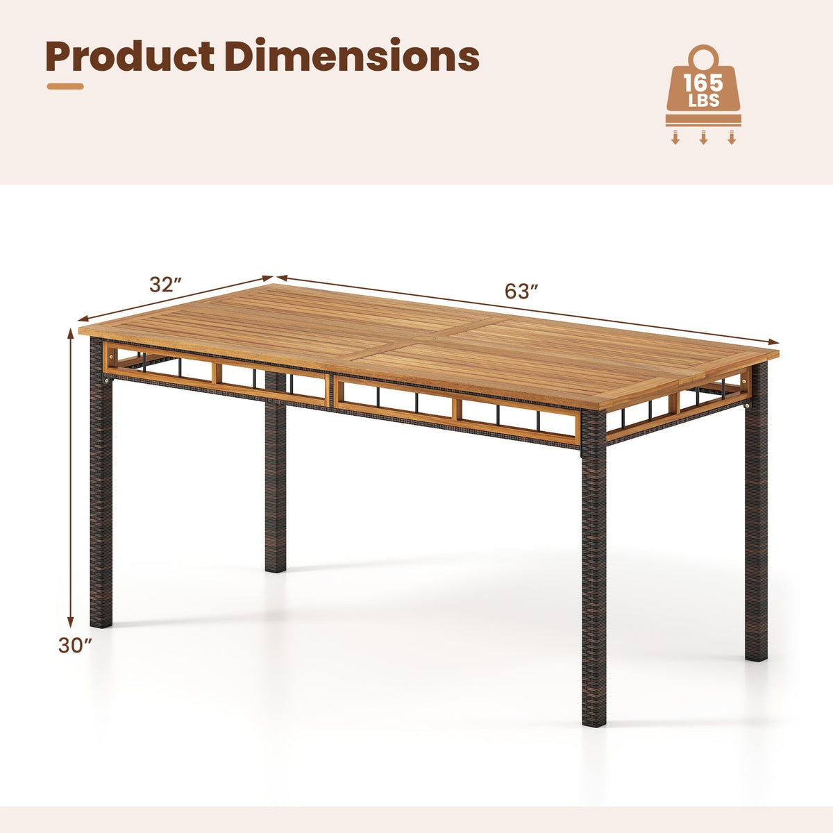 63" Outdoor Dining Table with Acacia Wood Slatted Tabletop-Patio Dining Tables-DECOROLALA