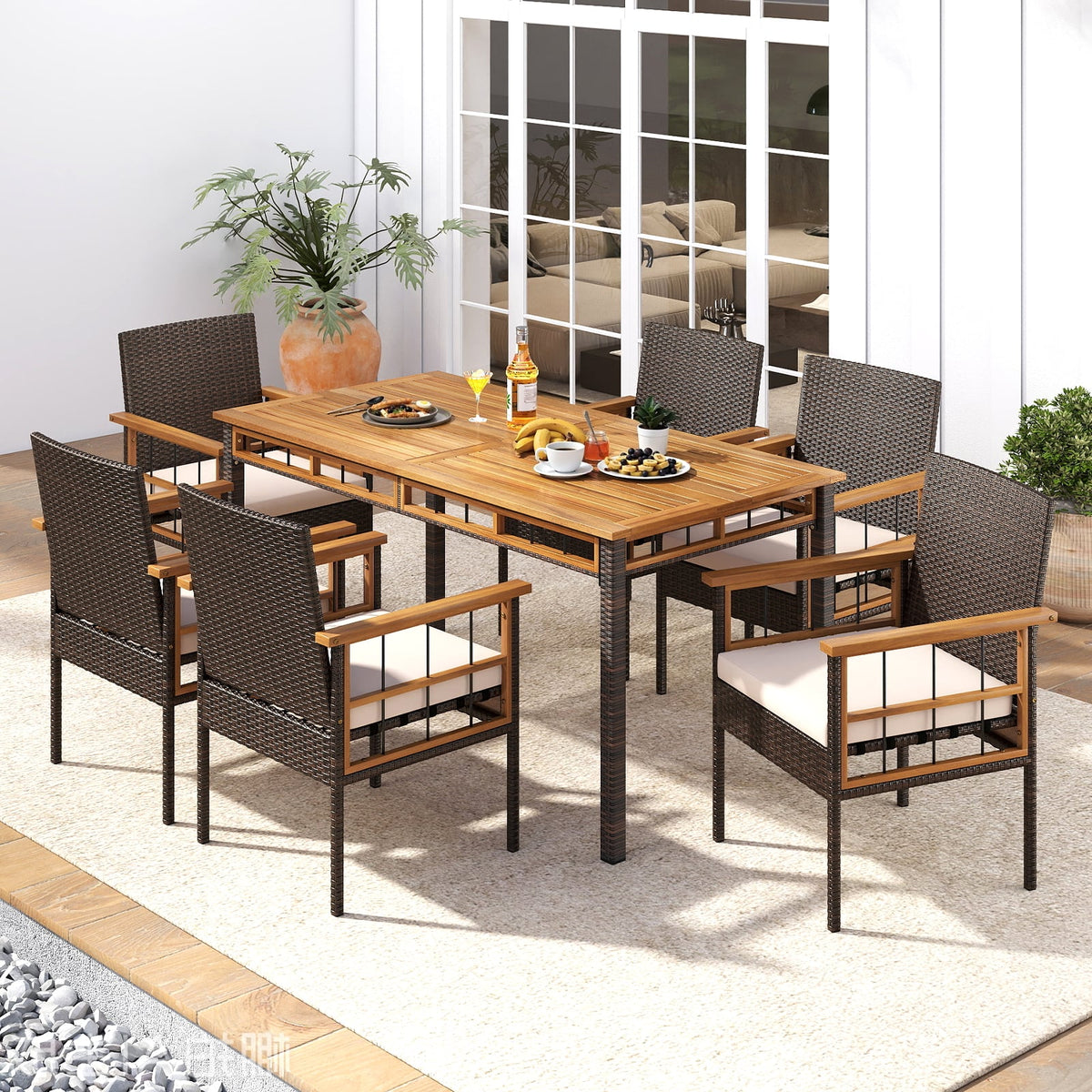 63" Outdoor Dining Table with Acacia Wood Slatted Tabletop-Patio Dining Tables-DECOROLALA
