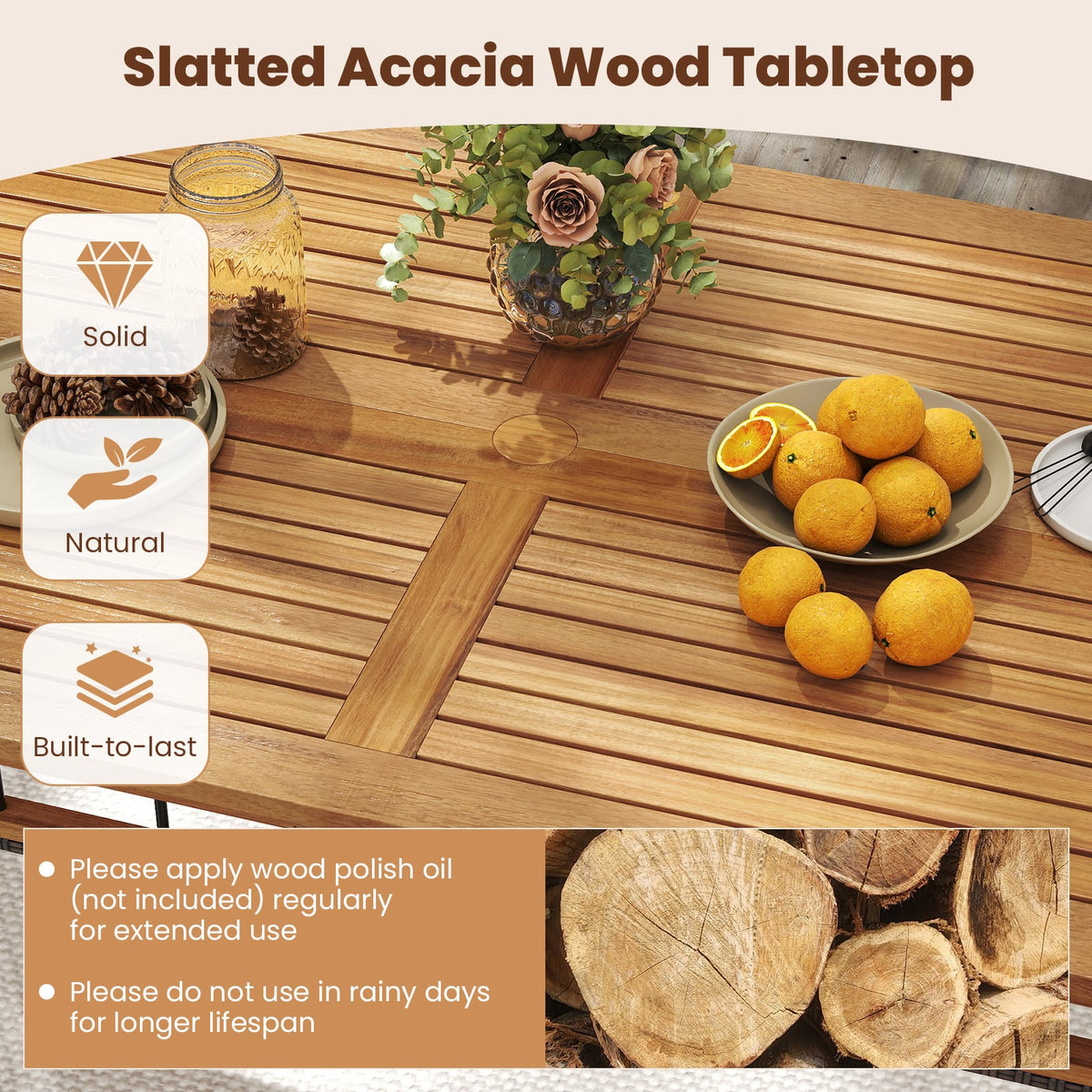 63" Outdoor Dining Table with Acacia Wood Slatted Tabletop-Patio Dining Tables-DECOROLALA