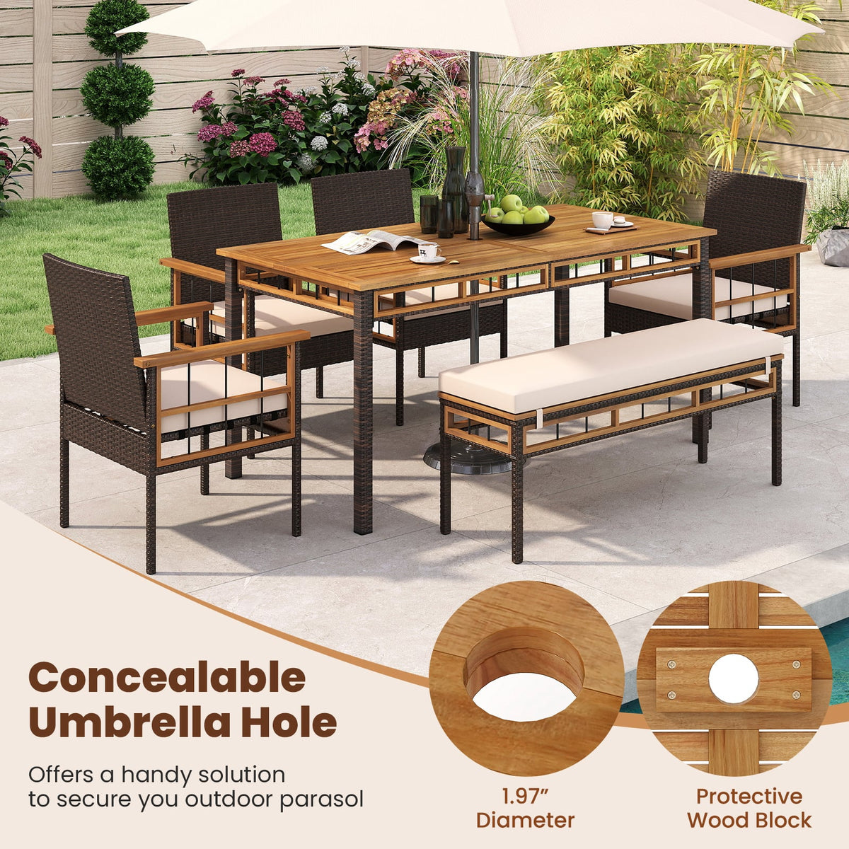 63" Outdoor Dining Table with Acacia Wood Slatted Tabletop-Patio Dining Tables-DECOROLALA