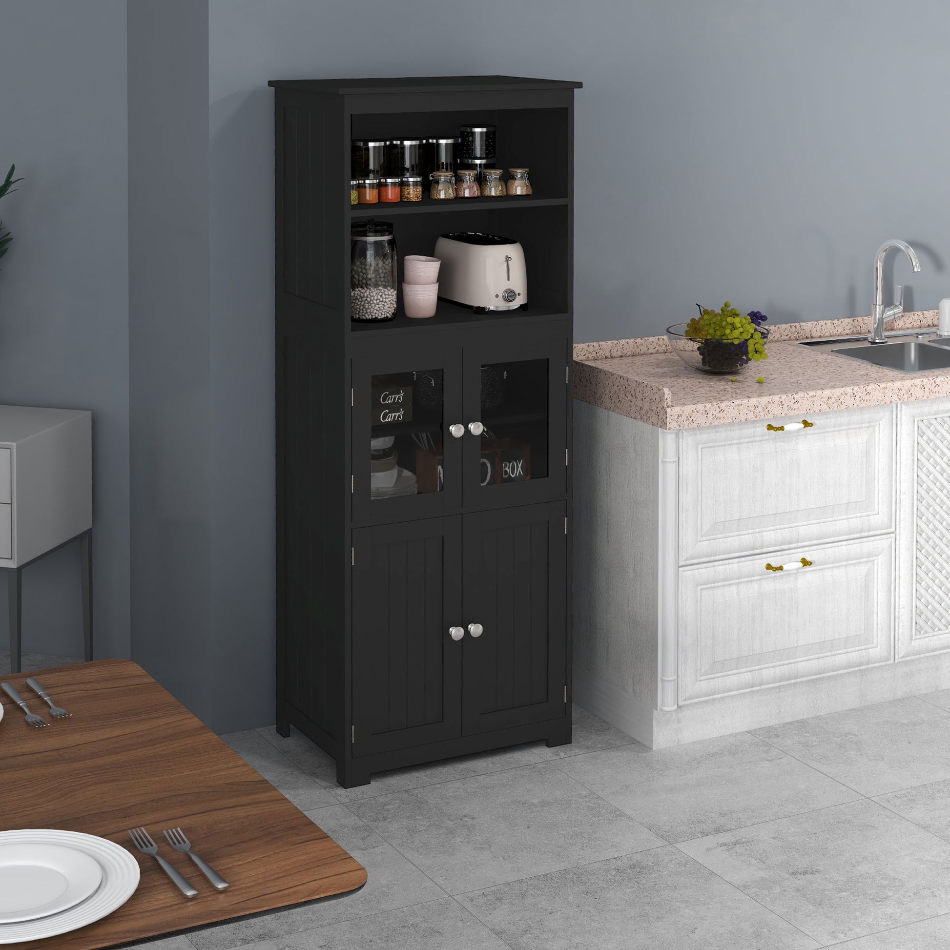 63" Small Buffet with Hutch, 4-Door Kitchen Pantry Storage Cabinet with Adjustable Shelf for Dining Room, Black-Home Furnishings > Storage & Organization > Kitchen Pantry Cabinets-DECOROLALA