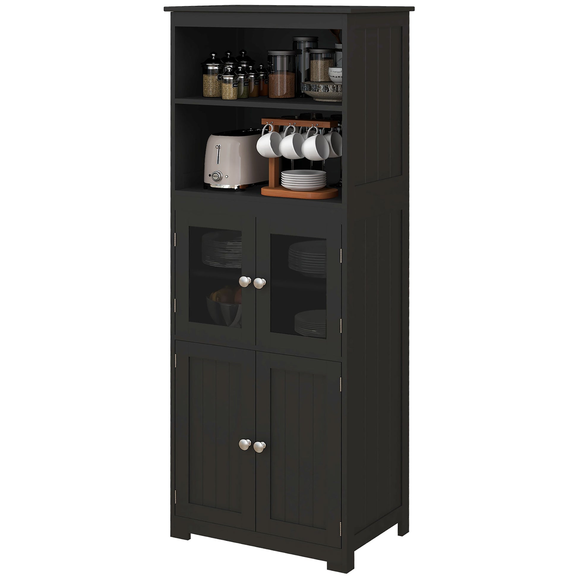 63" Small Buffet with Hutch, 4-Door Kitchen Pantry Storage Cabinet with Adjustable Shelf for Dining Room, Black-Home Furnishings > Storage & Organization > Kitchen Pantry Cabinets-DECOROLALA