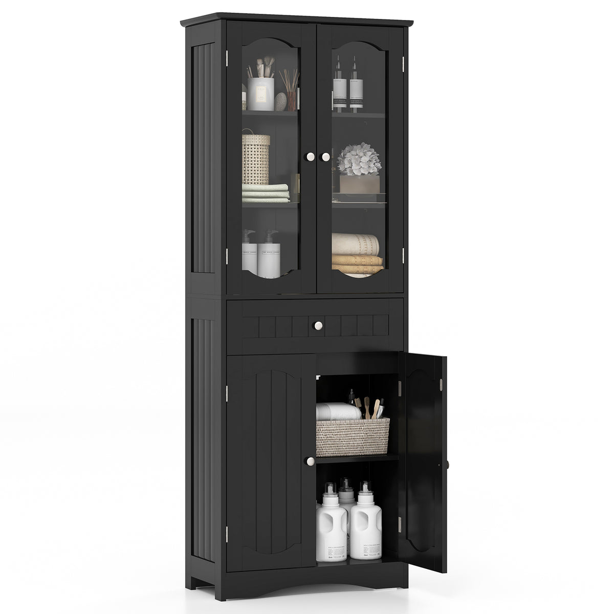 63" Tall Bathroom Storage Cabinet - 2 Glass Doors Black-Floor Cabinets-DECOROLALA