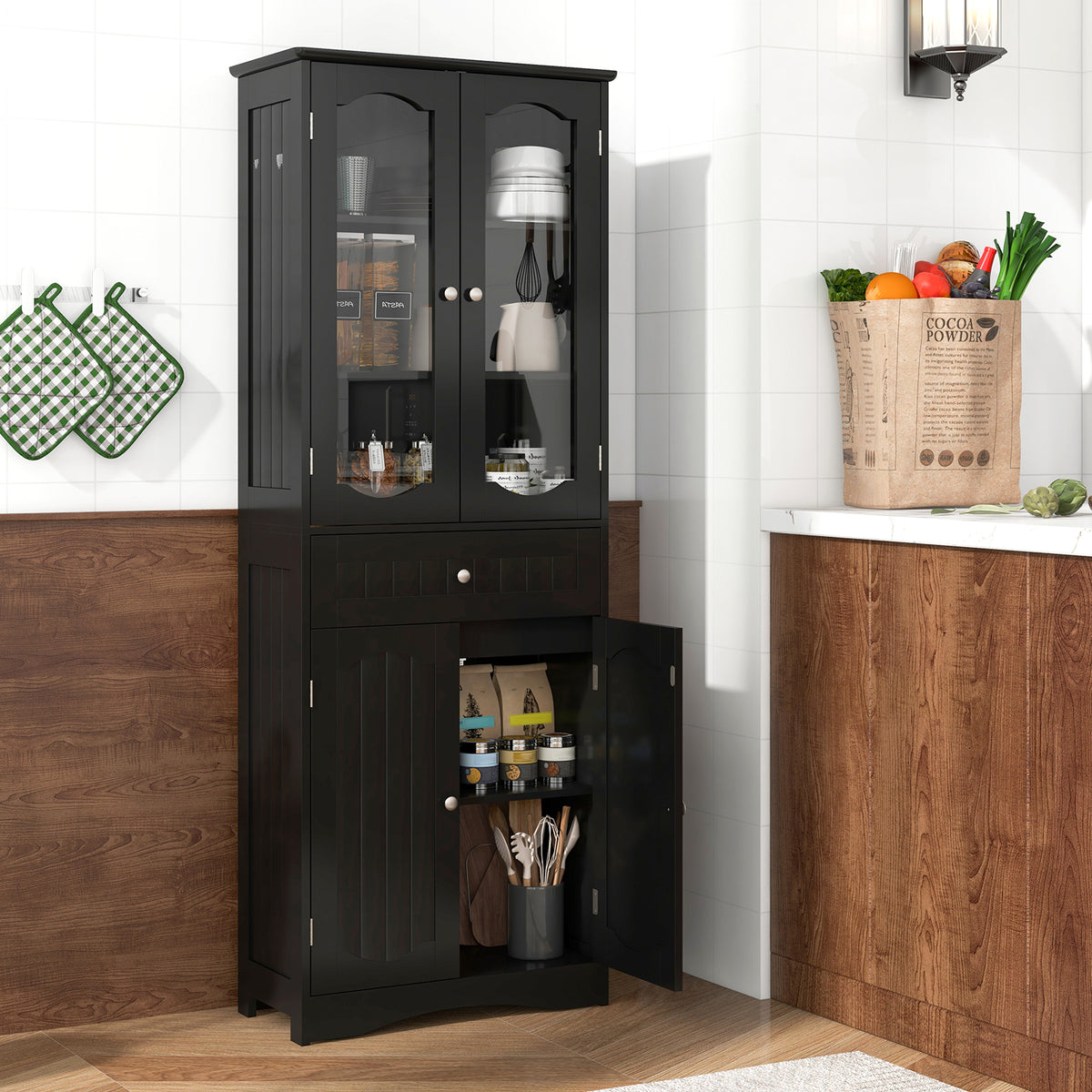 63" Tall Bathroom Storage Cabinet - 2 Glass Doors Black-Floor Cabinets-DECOROLALA