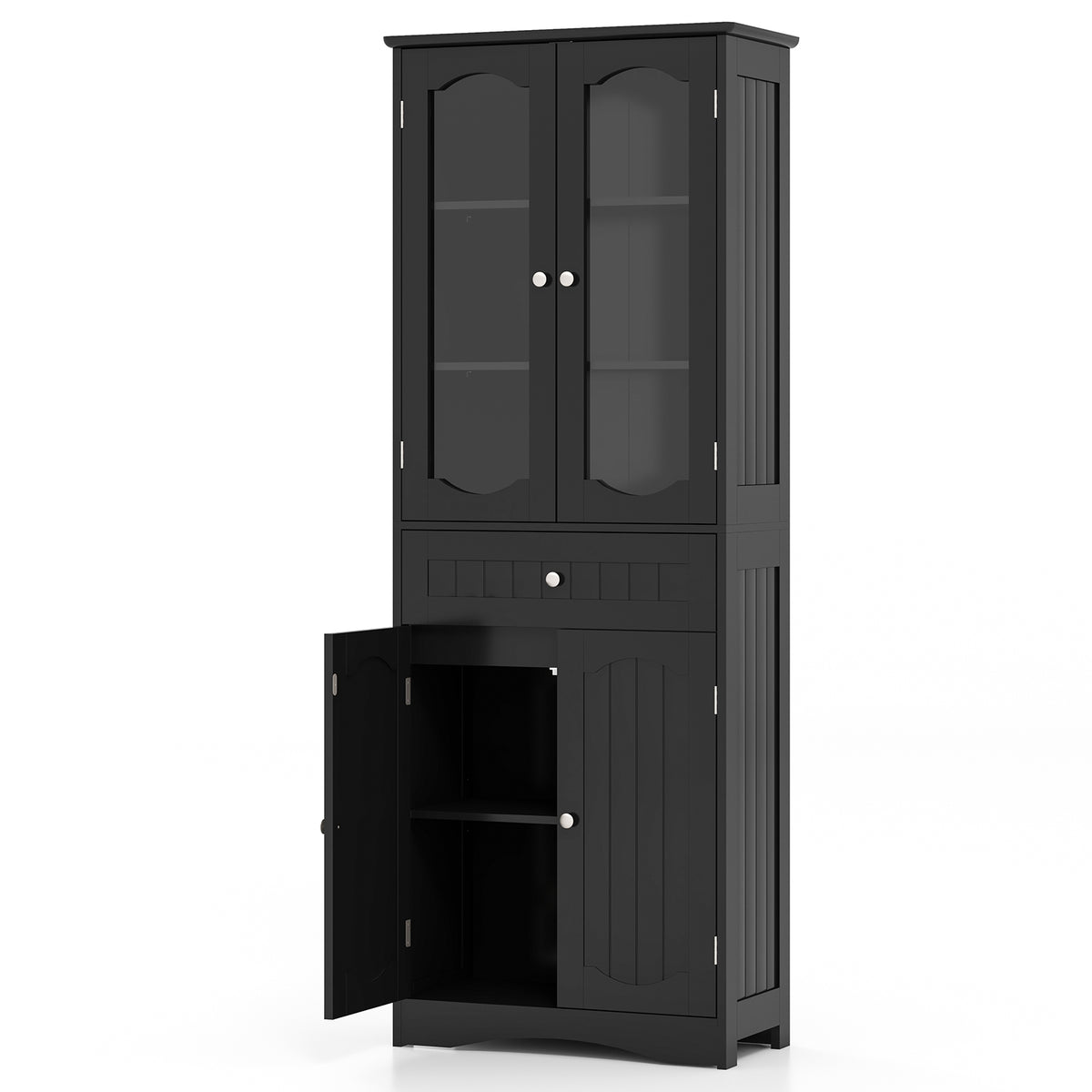 63" Tall Bathroom Storage Cabinet - 2 Glass Doors Black-Floor Cabinets-DECOROLALA