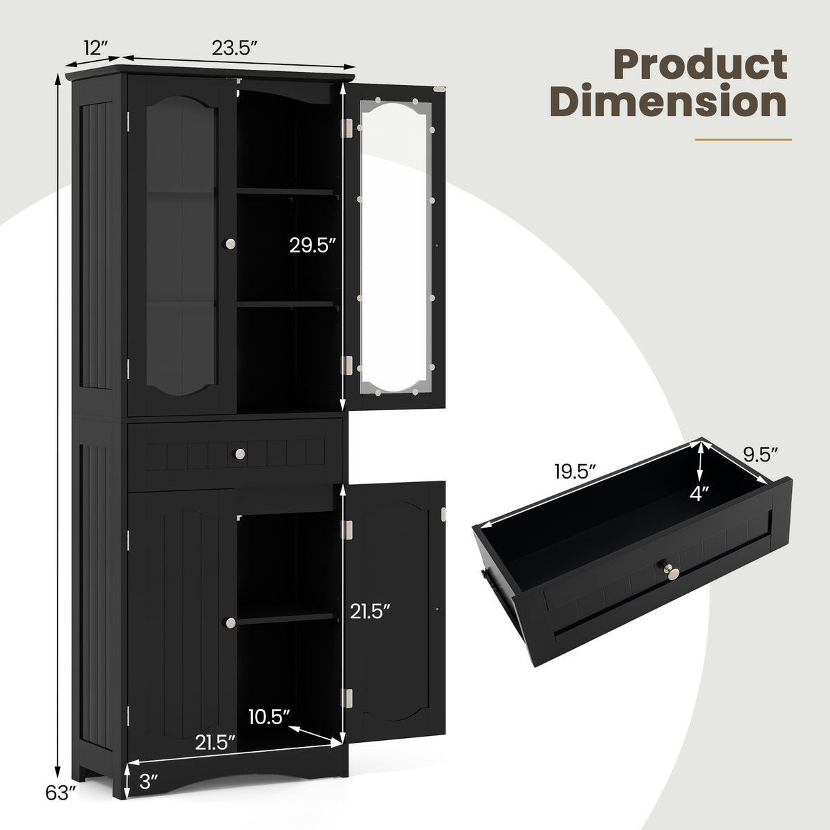 63" Tall Bathroom Storage Cabinet - 2 Glass Doors Black-Floor Cabinets-DECOROLALA