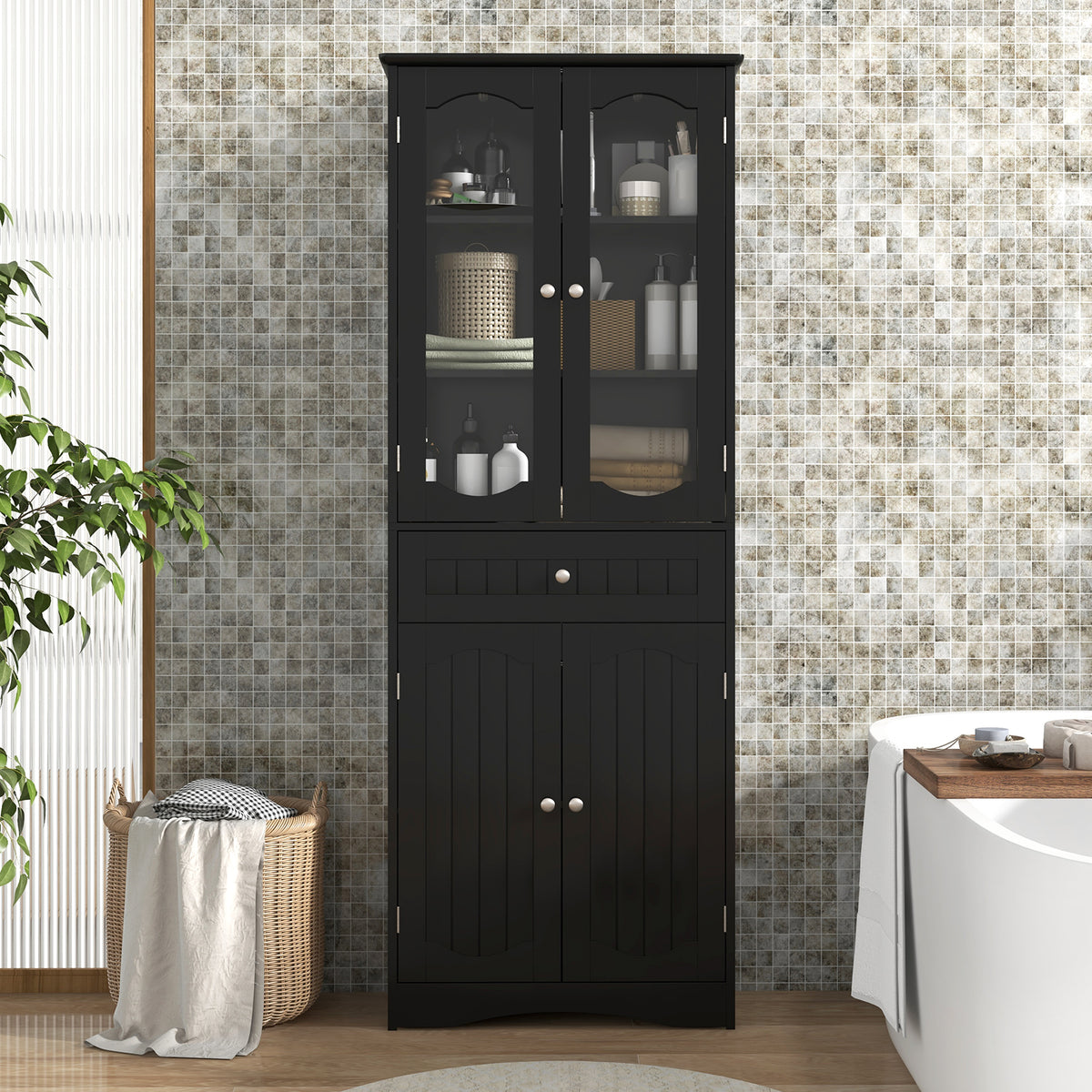 63" Tall Bathroom Storage Cabinet - 2 Glass Doors Black-Floor Cabinets-DECOROLALA