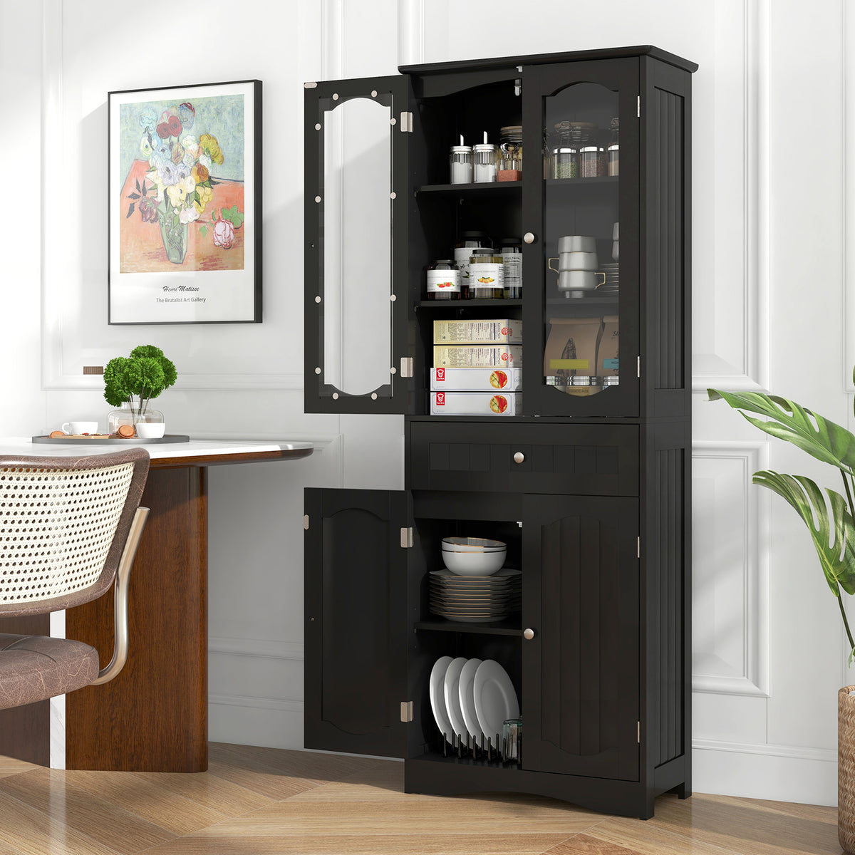 63" Tall Bathroom Storage Cabinet - 2 Glass Doors Black-Floor Cabinets-DECOROLALA