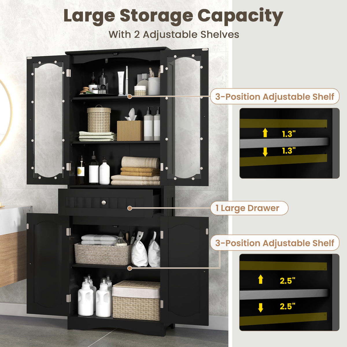 63" Tall Bathroom Storage Cabinet - 2 Glass Doors Black-Floor Cabinets-DECOROLALA