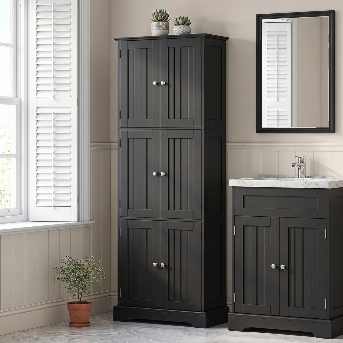 63" Tall Bathroom Storage Cabinet - 6-Door Pantry Black-Floor Cabinets-DECOROLALA