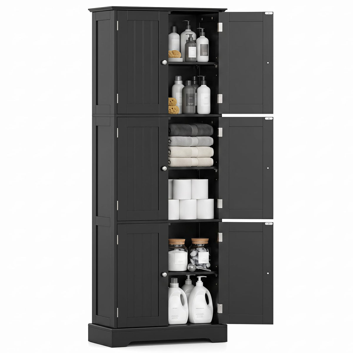 63" Tall Bathroom Storage Cabinet - 6-Door Pantry Black-Floor Cabinets-DECOROLALA