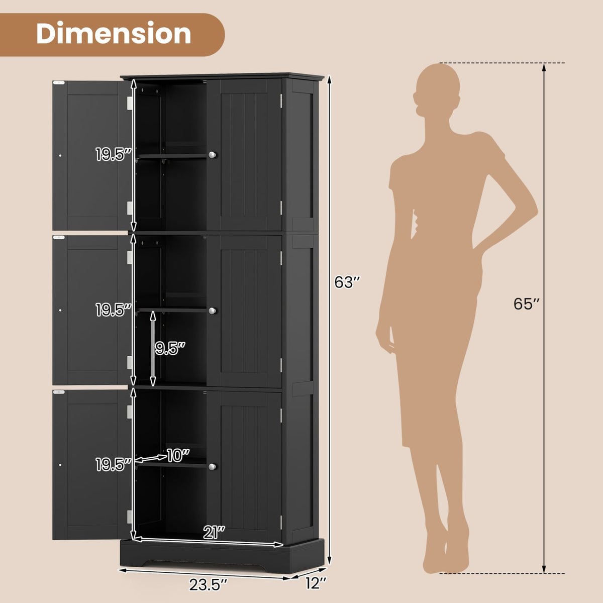 63" Tall Bathroom Storage Cabinet - 6-Door Pantry Black-Floor Cabinets-DECOROLALA