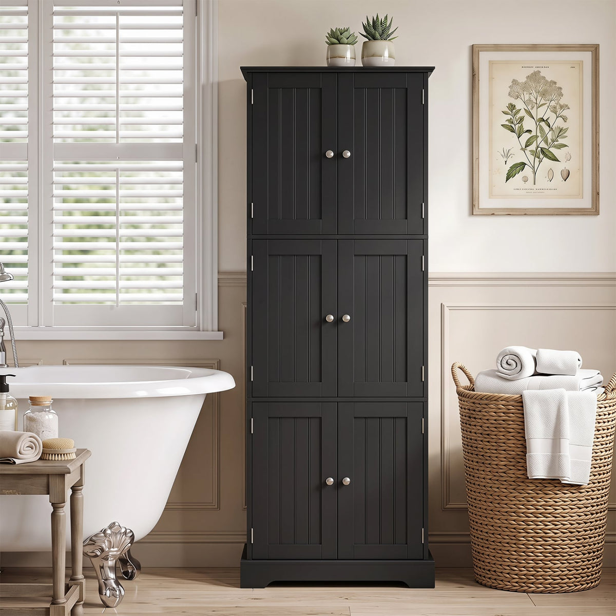 63" Tall Bathroom Storage Cabinet - 6-Door Pantry Black-Floor Cabinets-DECOROLALA