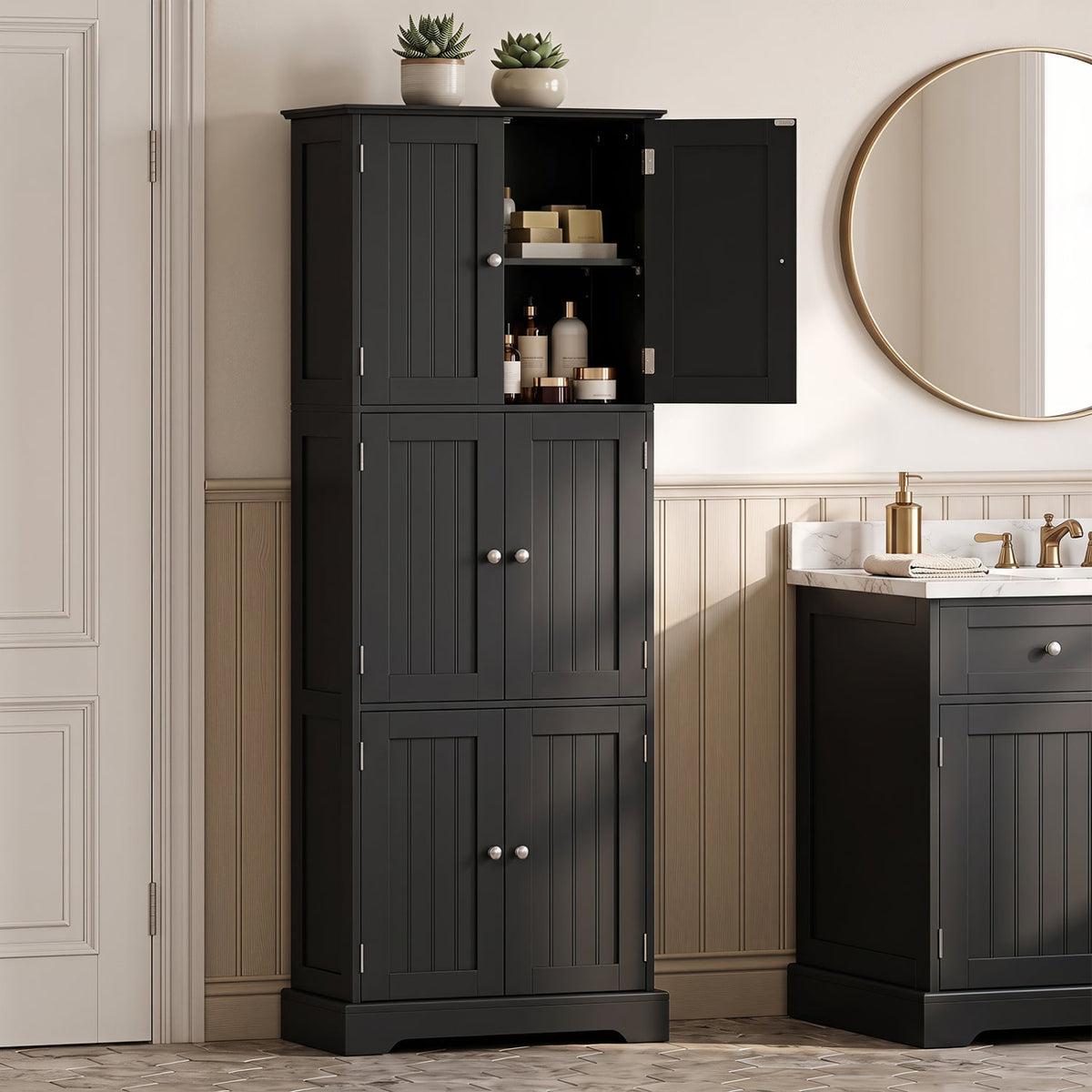 63" Tall Bathroom Storage Cabinet - 6-Door Pantry Black-Floor Cabinets-DECOROLALA