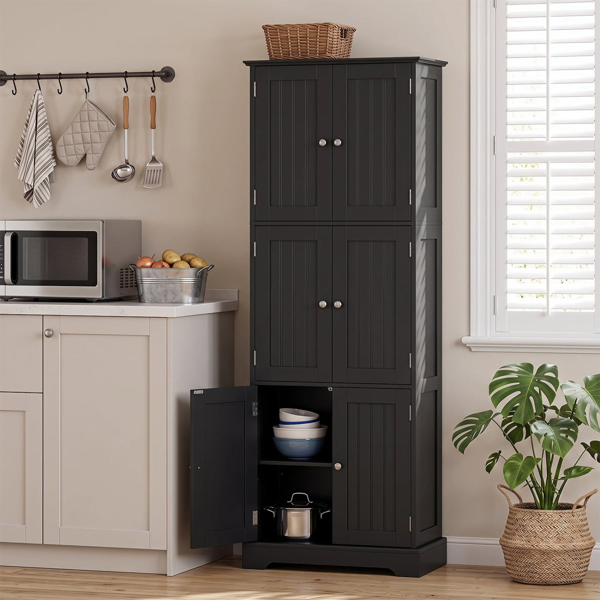 63" Tall Bathroom Storage Cabinet - 6-Door Pantry Black-Floor Cabinets-DECOROLALA