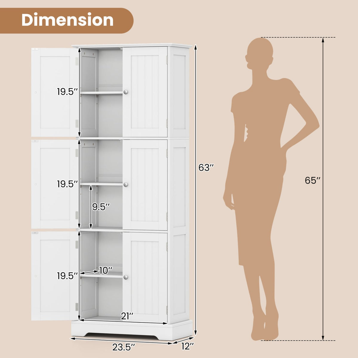 63" Tall Bathroom Storage Cabinet - 6 Doors & Adjustable Shelves-Floor Cabinets-DECOROLALA