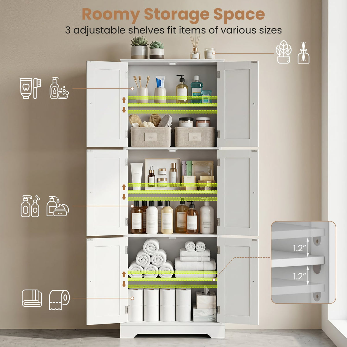 63" Tall Bathroom Storage Cabinet - 6 Doors & Adjustable Shelves-Floor Cabinets-DECOROLALA