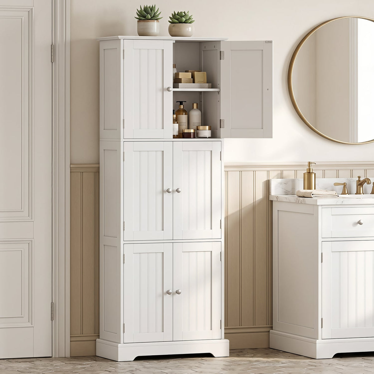 63" Tall Bathroom Storage Cabinet - 6 Doors & Adjustable Shelves-Floor Cabinets-DECOROLALA