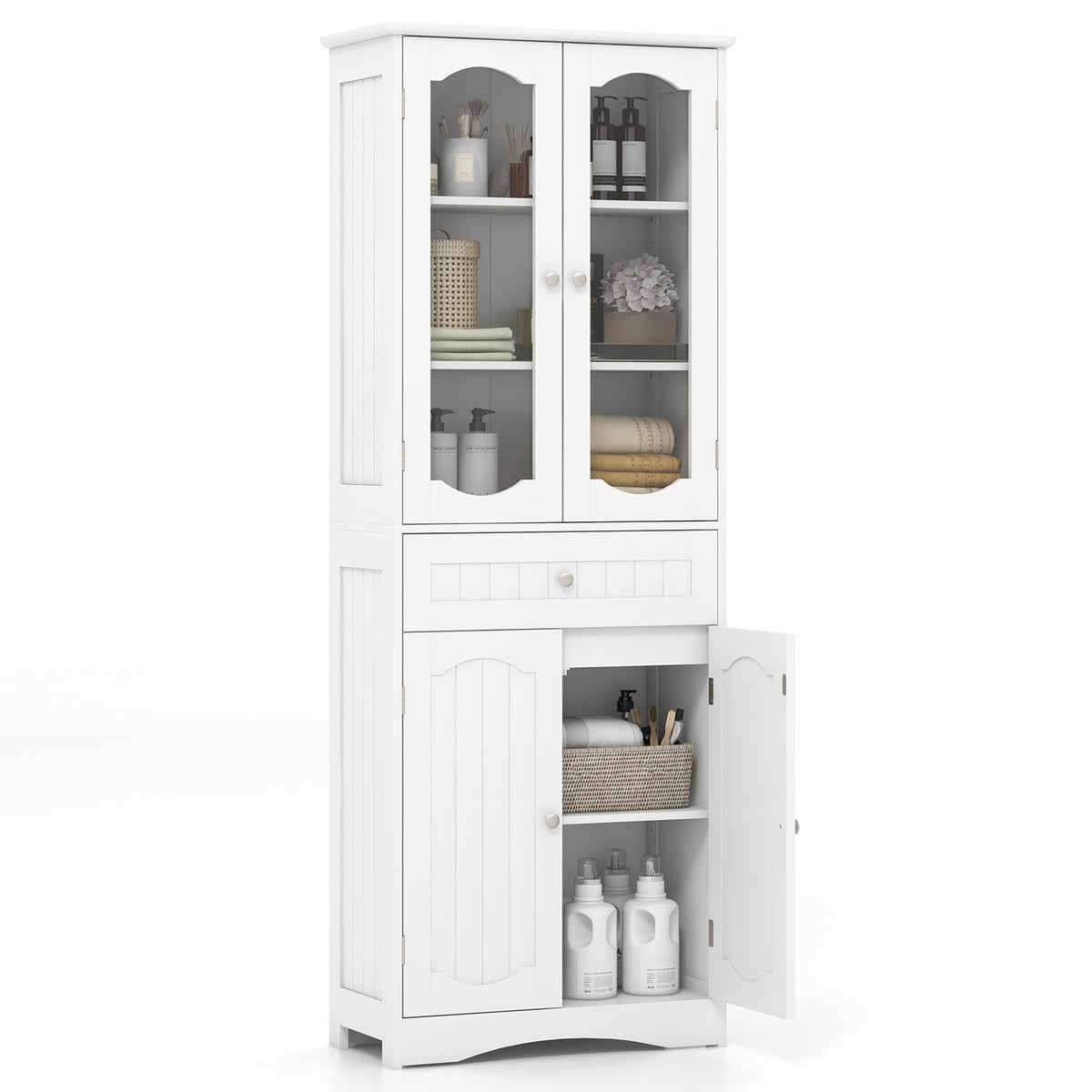 63" Tall Bathroom Storage Cabinet with Glass Doors & Drawer - White-Floor Cabinets-DECOROLALA