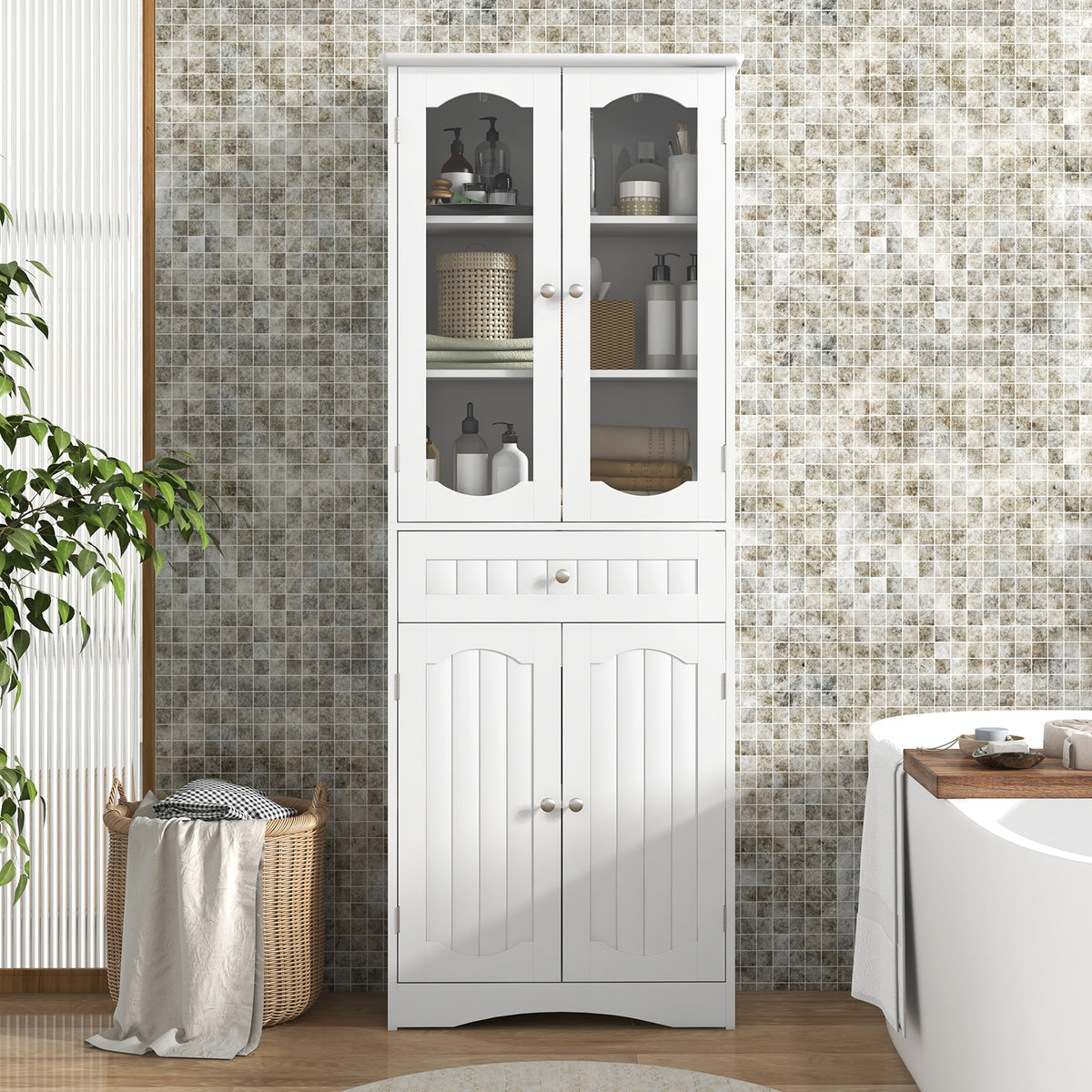 63" Tall Bathroom Storage Cabinet with Glass Doors & Drawer - White-Floor Cabinets-DECOROLALA