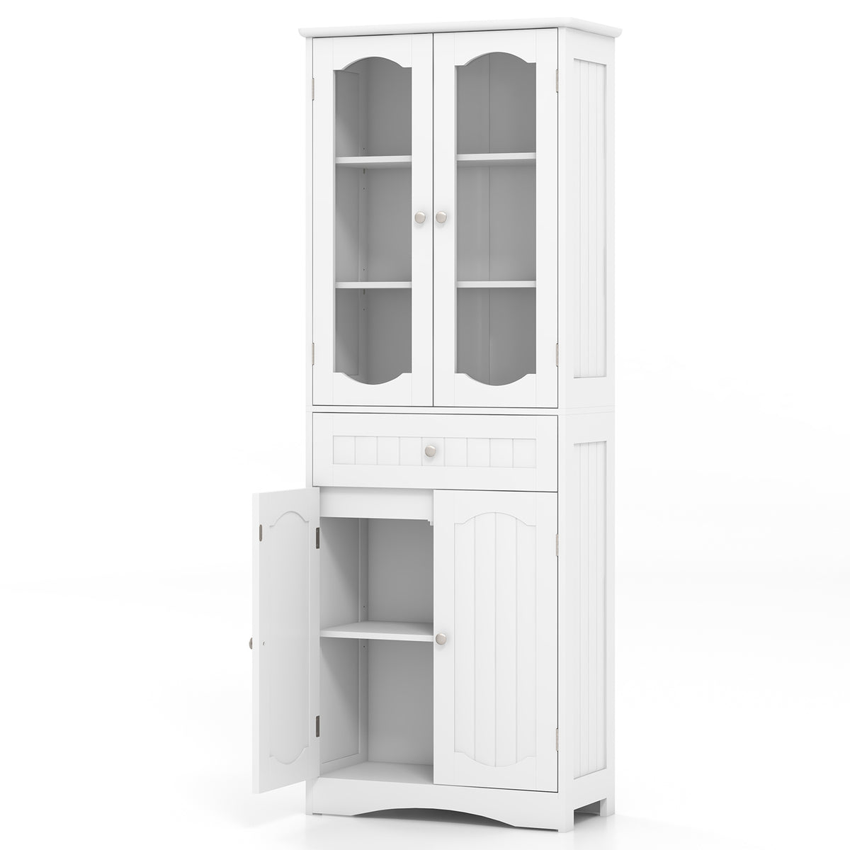 63" Tall Bathroom Storage Cabinet with Glass Doors & Drawer - White-Floor Cabinets-DECOROLALA