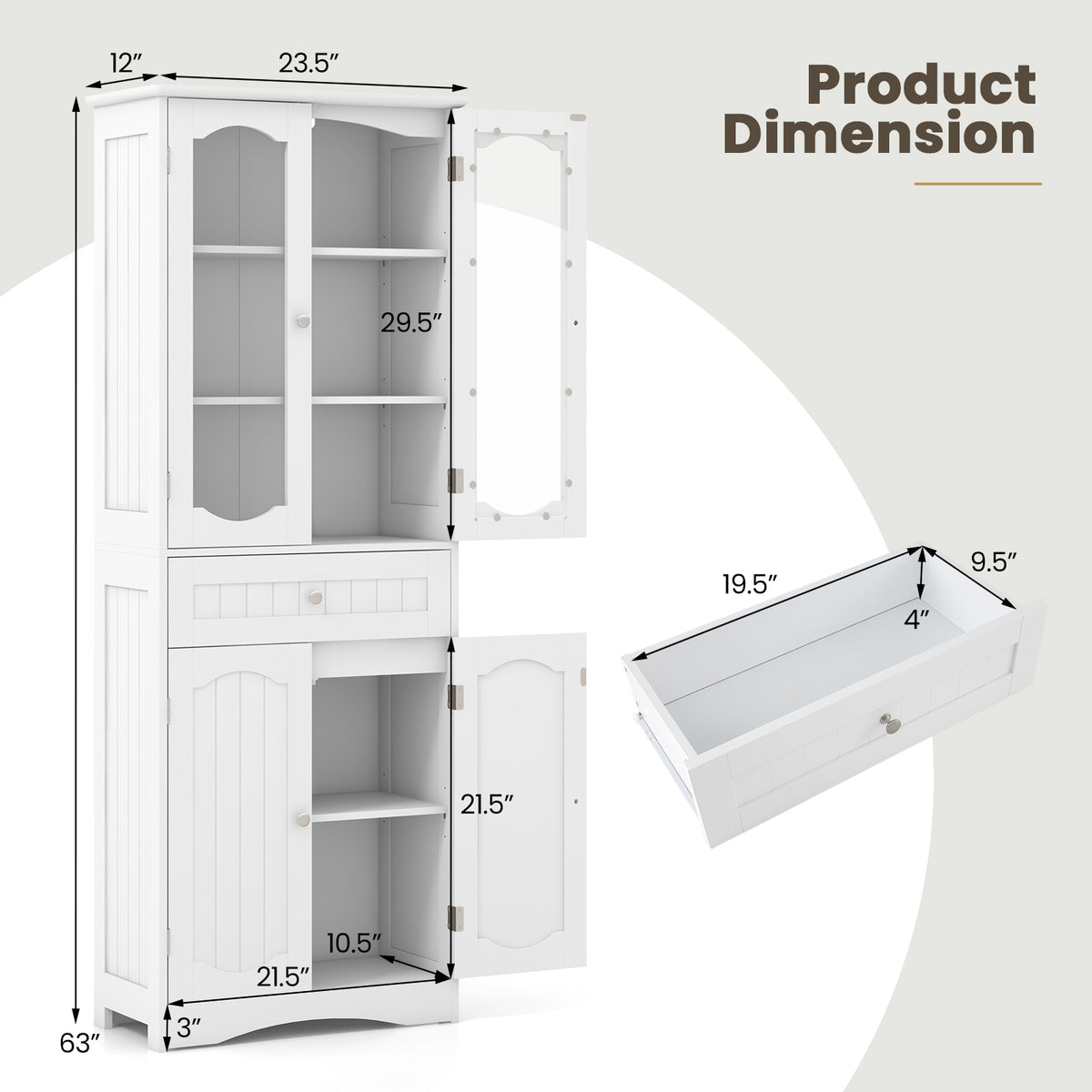 63" Tall Bathroom Storage Cabinet with Glass Doors & Drawer - White-Floor Cabinets-DECOROLALA