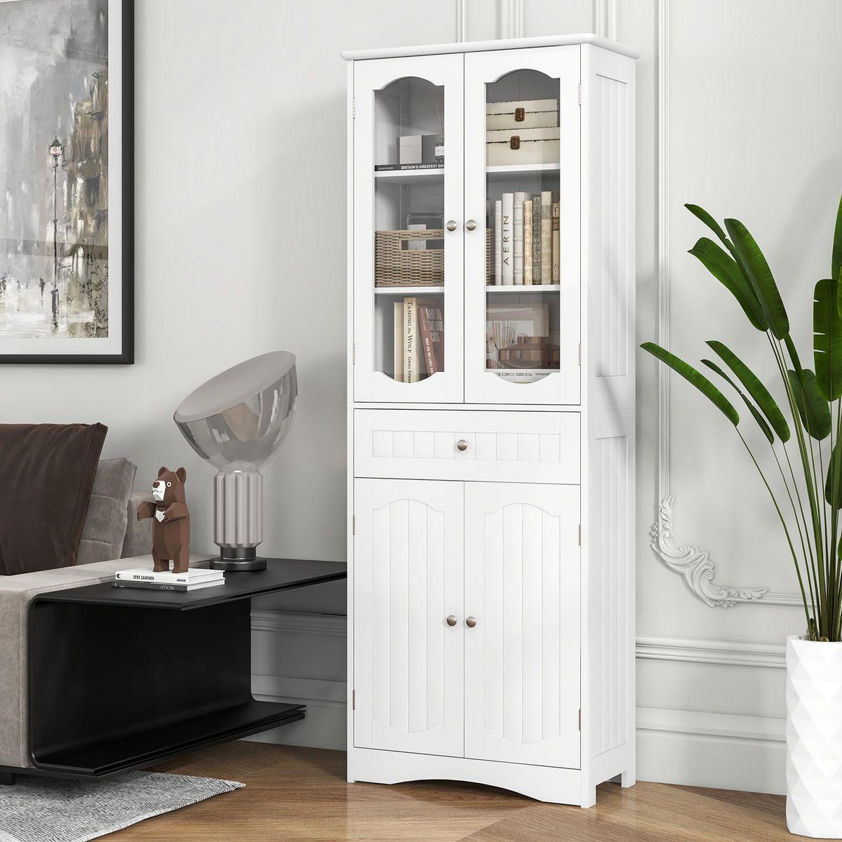 63" Tall Bathroom Storage Cabinet with Glass Doors & Drawer - White-Floor Cabinets-DECOROLALA