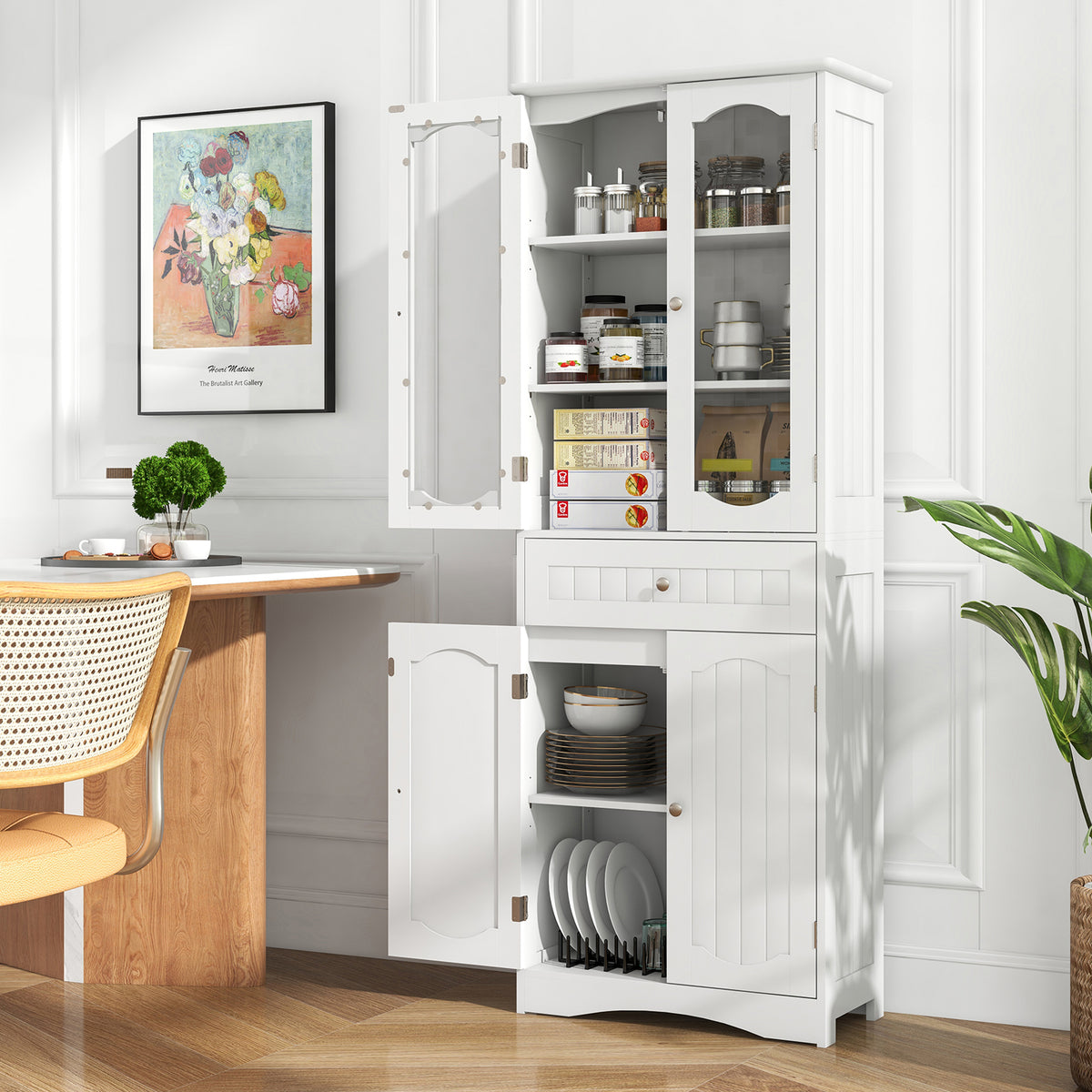 63" Tall Bathroom Storage Cabinet with Glass Doors & Drawer - White-Floor Cabinets-DECOROLALA