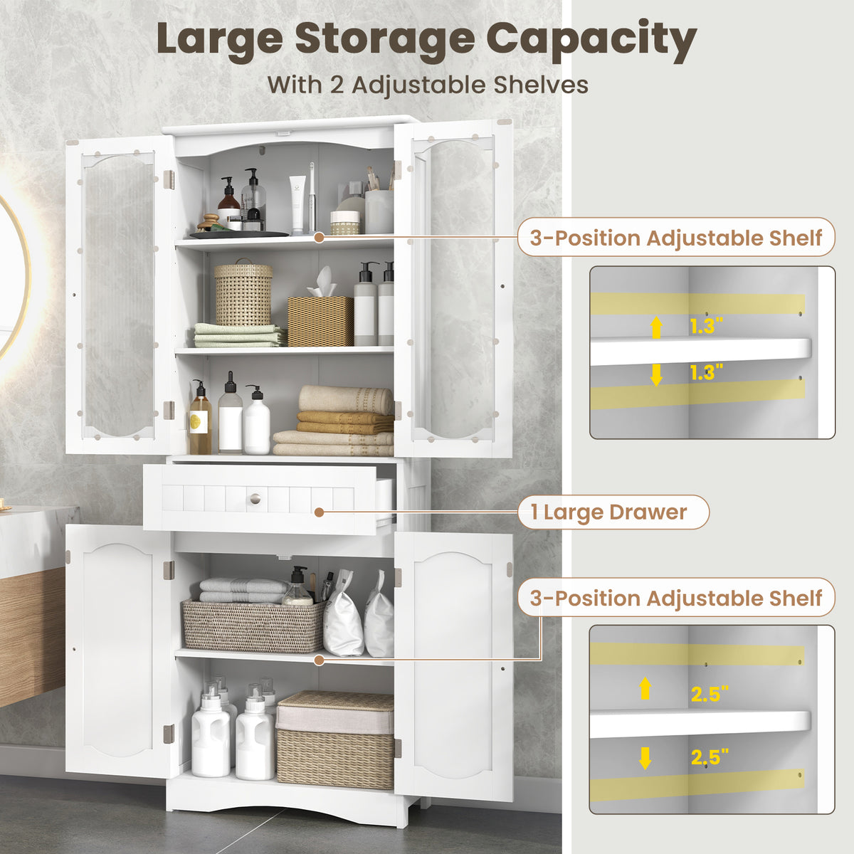 63" Tall Bathroom Storage Cabinet with Glass Doors & Drawer - White-Floor Cabinets-DECOROLALA