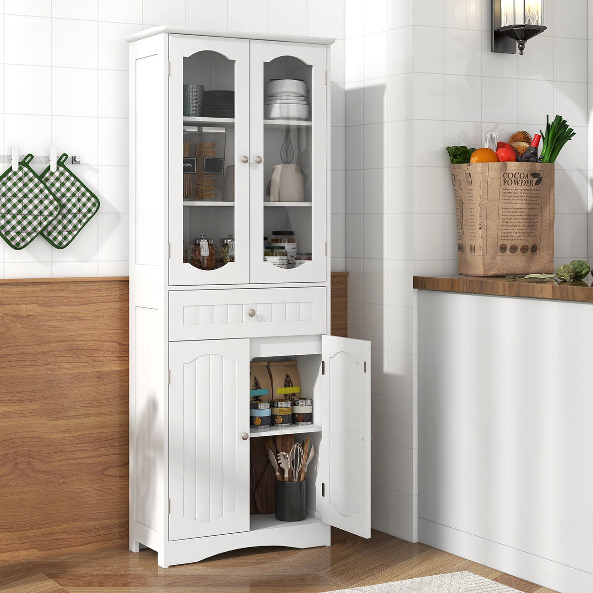 63" Tall Bathroom Storage Cabinet with Glass Doors & Drawer - White-Floor Cabinets-DECOROLALA