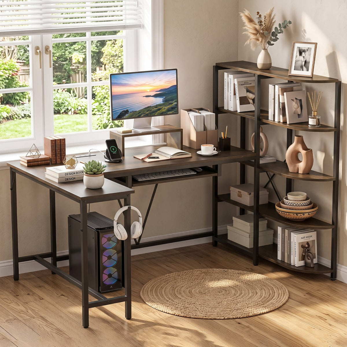 63" U-shaped Computer Desk with Power Outlets 5-Tier Bookshelf and Keyboard Tray-Rustic Brown-Office Desks-DECOROLALA