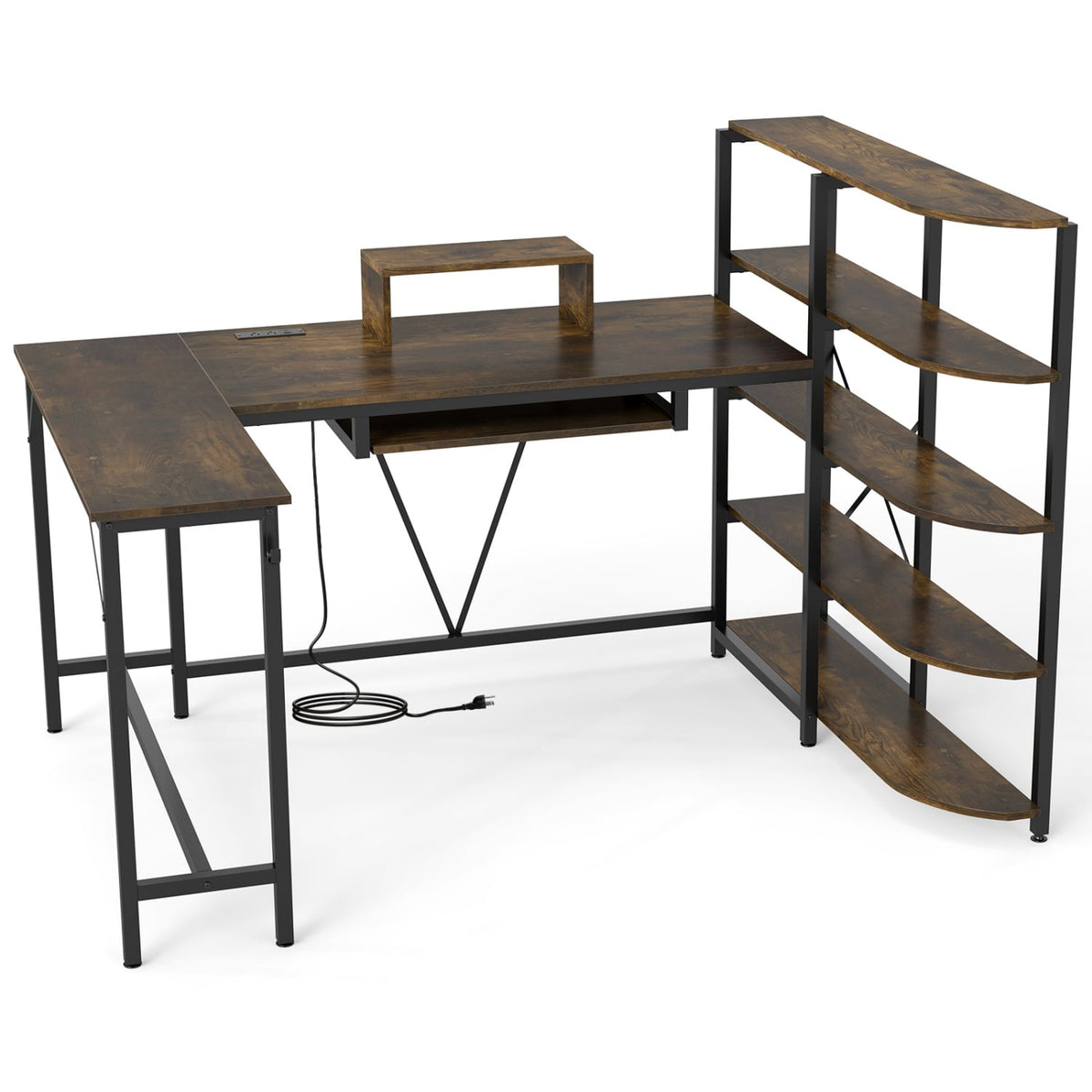 63" U-shaped Computer Desk with Power Outlets 5-Tier Bookshelf and Keyboard Tray-Rustic Brown-Office Desks-DECOROLALA