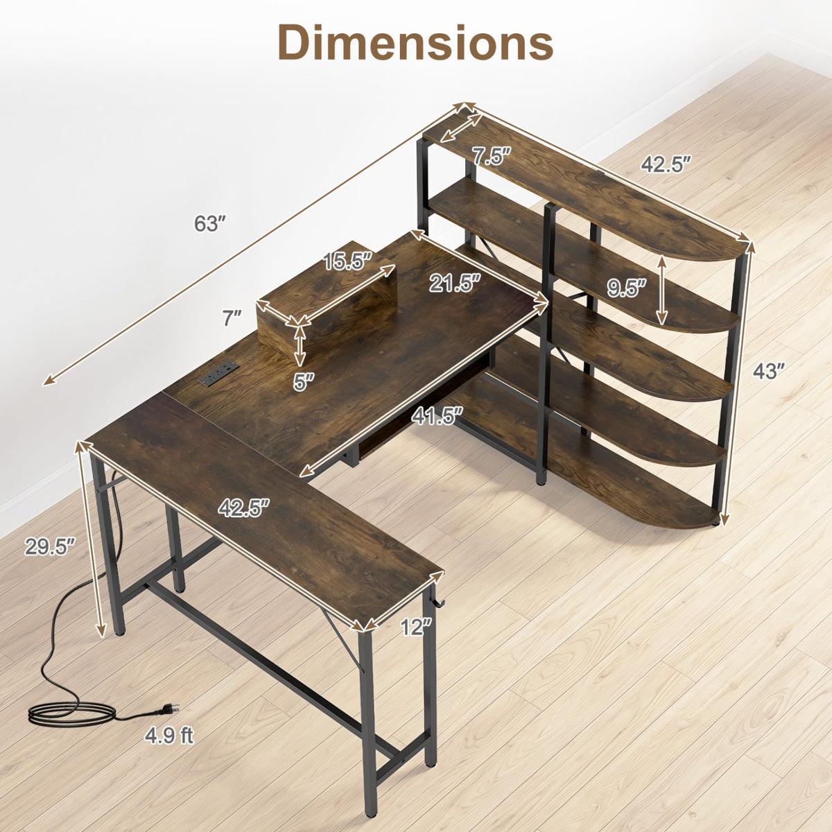 63" U-shaped Computer Desk with Power Outlets 5-Tier Bookshelf and Keyboard Tray-Rustic Brown-Office Desks-DECOROLALA