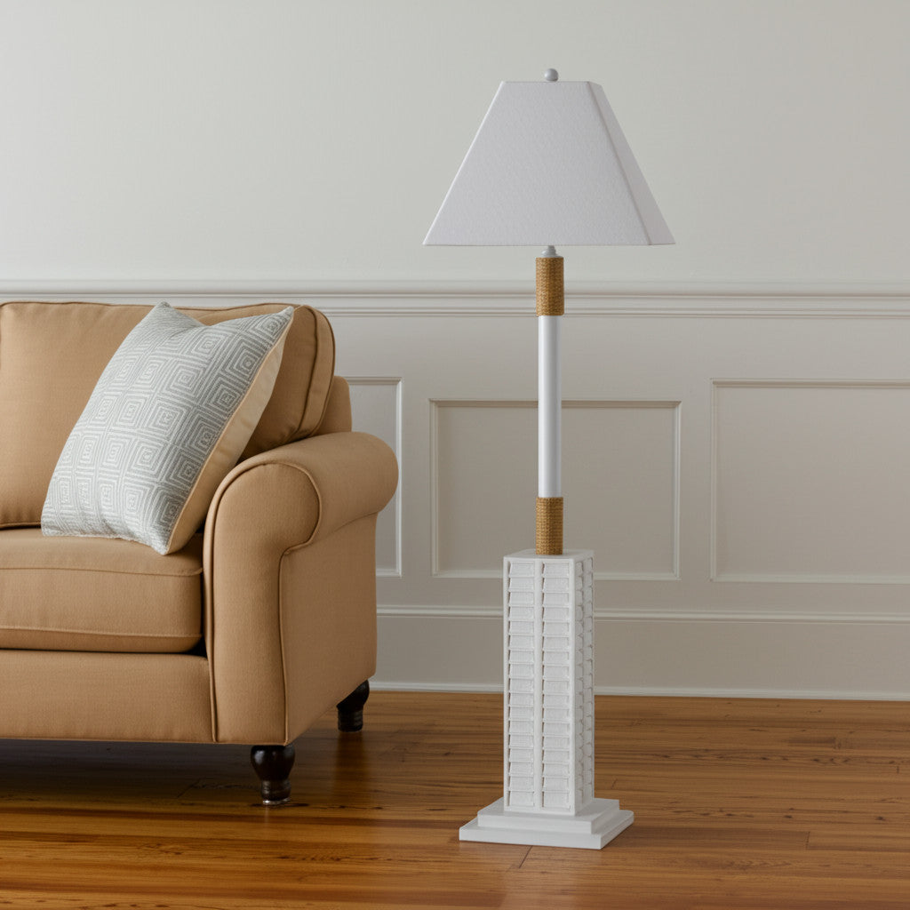 63" White Polyresin Floor Lamp With White Linen Shade-Floor Lamps-DECOROLALA