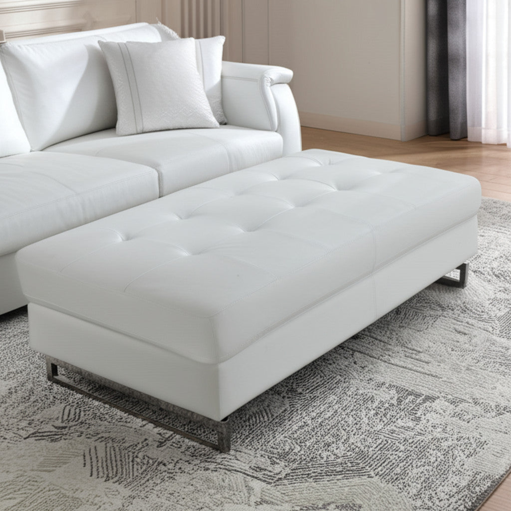 63" White and Silver Faux Leather Ottoman-Ottomans-DECOROLALA
