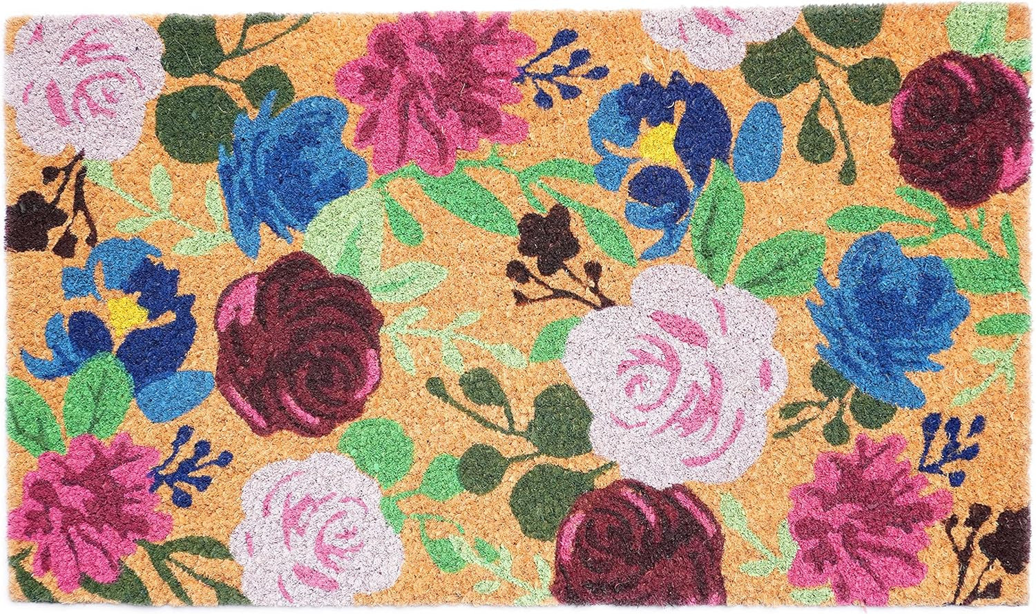 17" X 29" Natural Pink And Blue Floral Outdoor Coir Door Mat-0