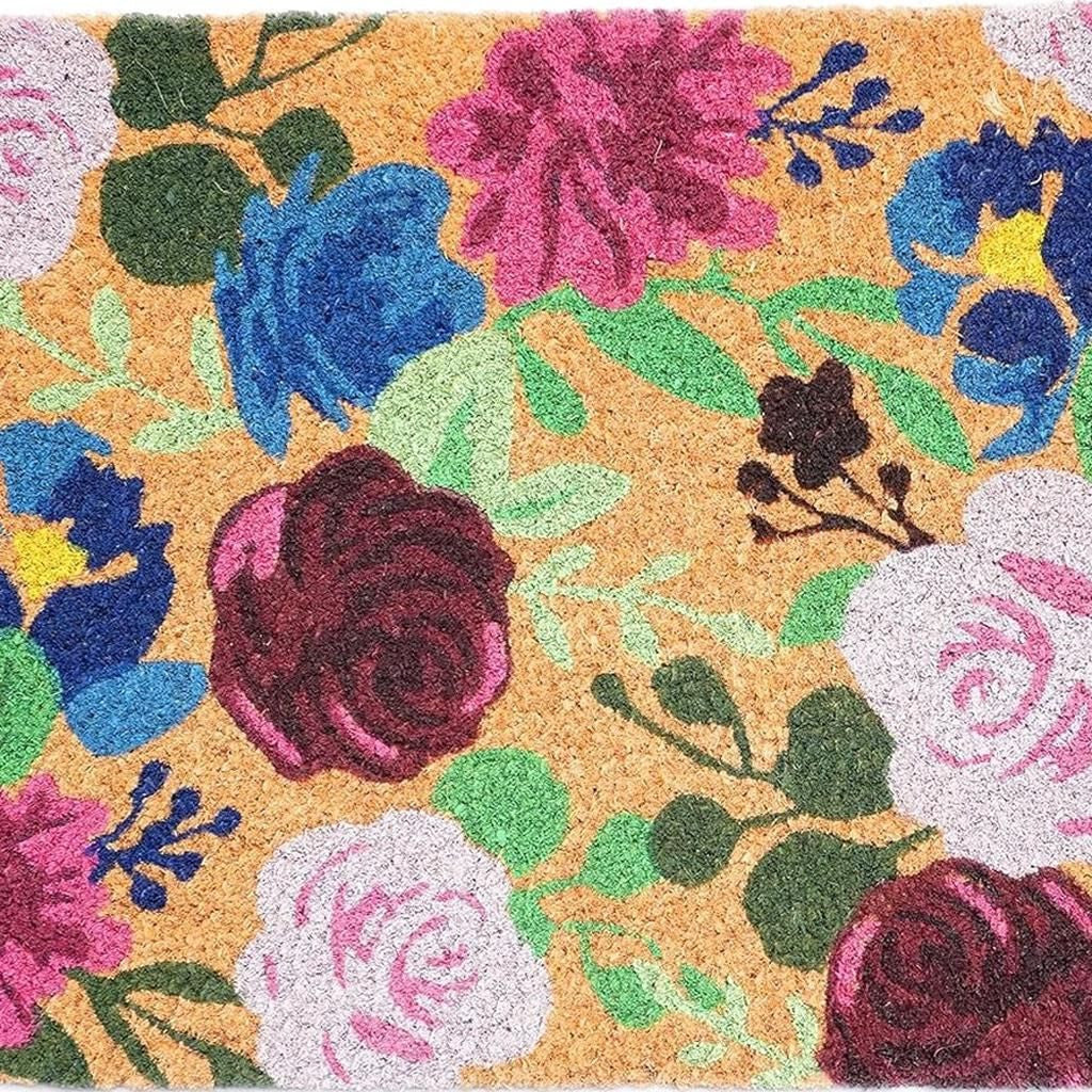 17" X 29" Natural Pink And Blue Floral Outdoor Coir Door Mat-2