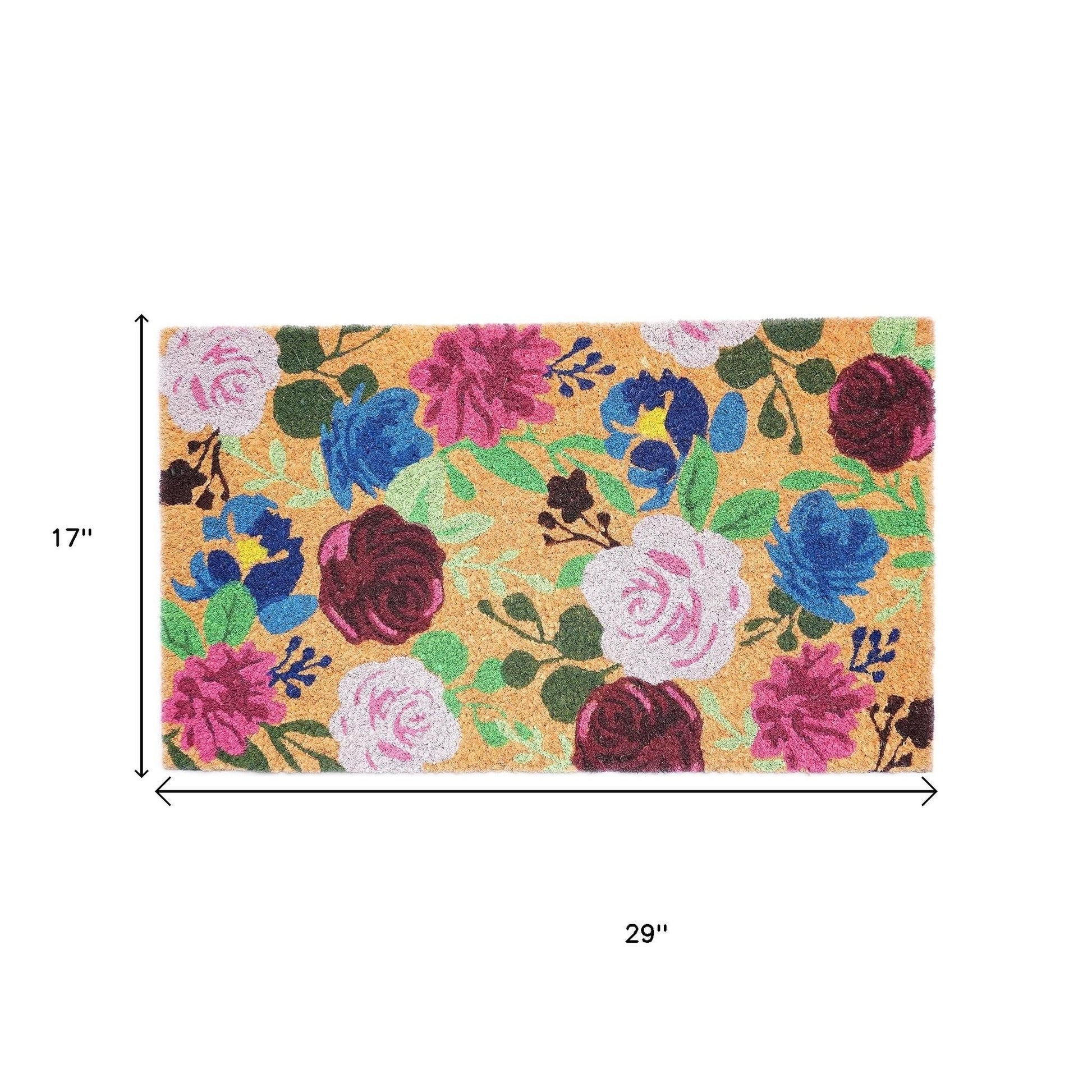 17" X 29" Natural Pink And Blue Floral Outdoor Coir Door Mat-4