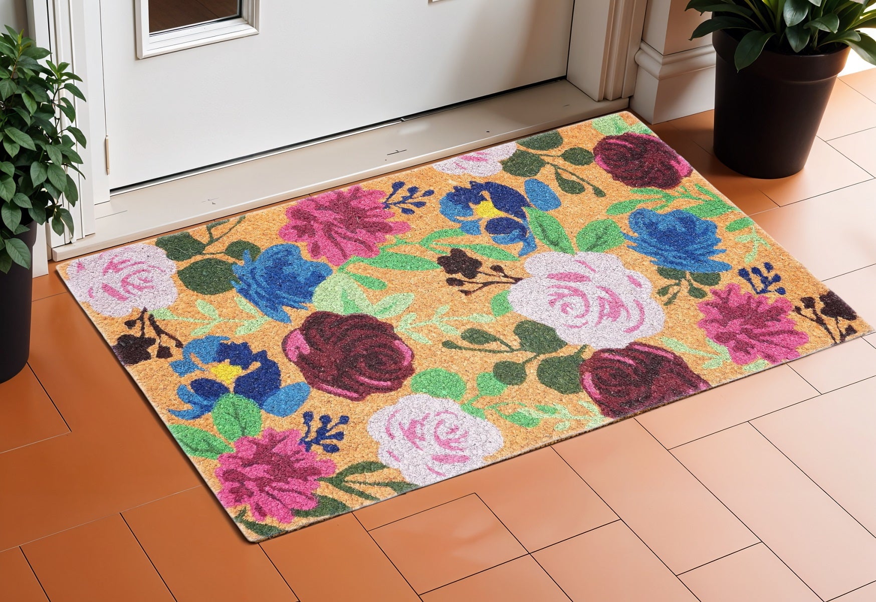 17" X 29" Natural Pink And Blue Floral Outdoor Coir Door Mat-1