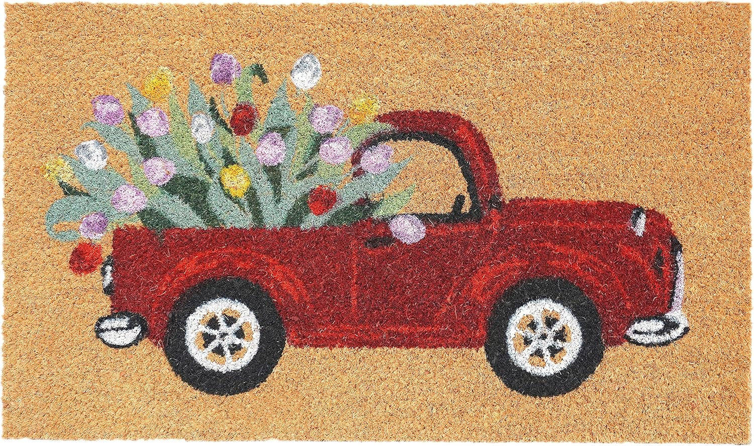 17" X 29" Natural And Red Floral Outdoor Coir Door Mat-0