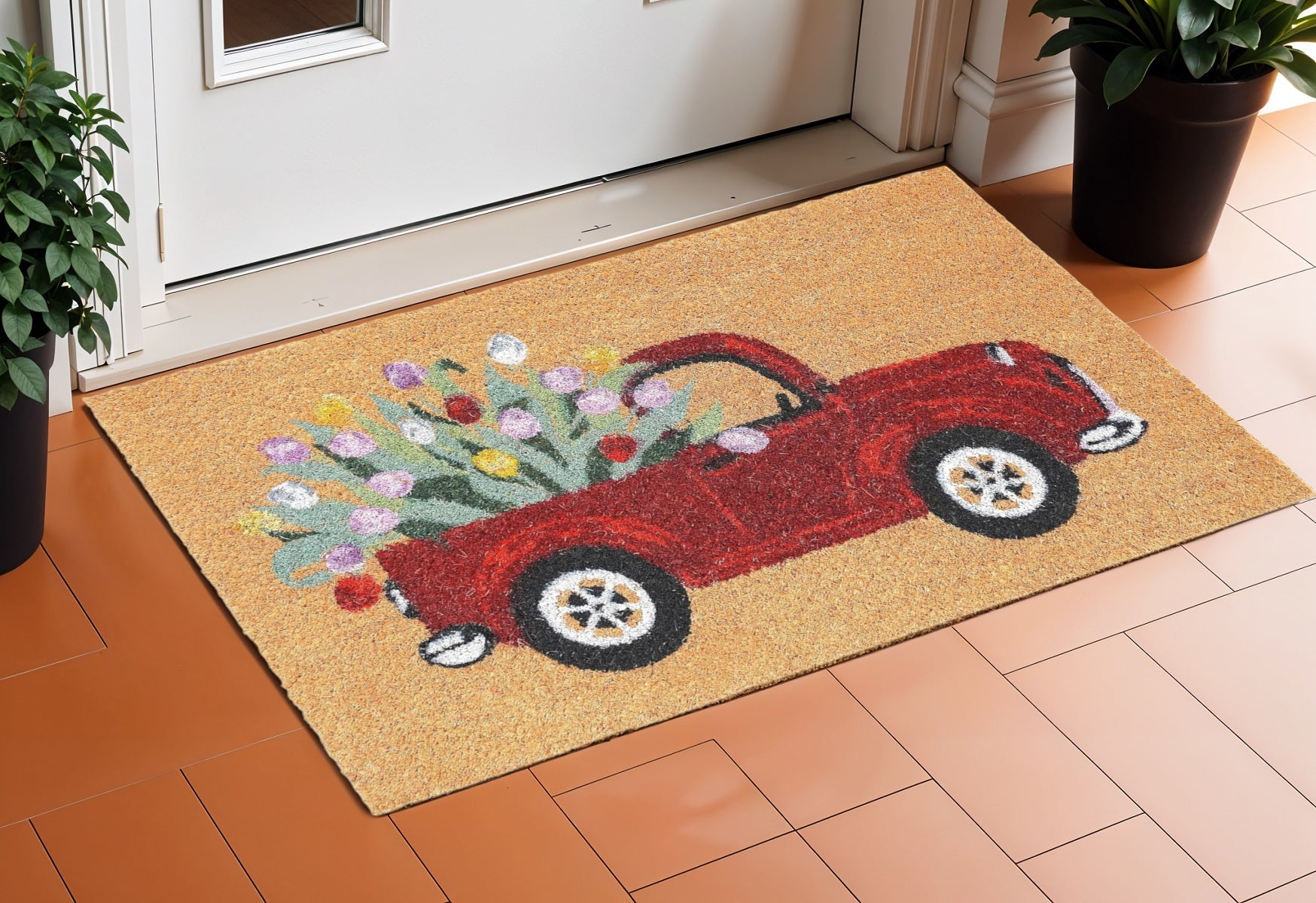 17" X 29" Natural And Red Floral Outdoor Coir Door Mat-1