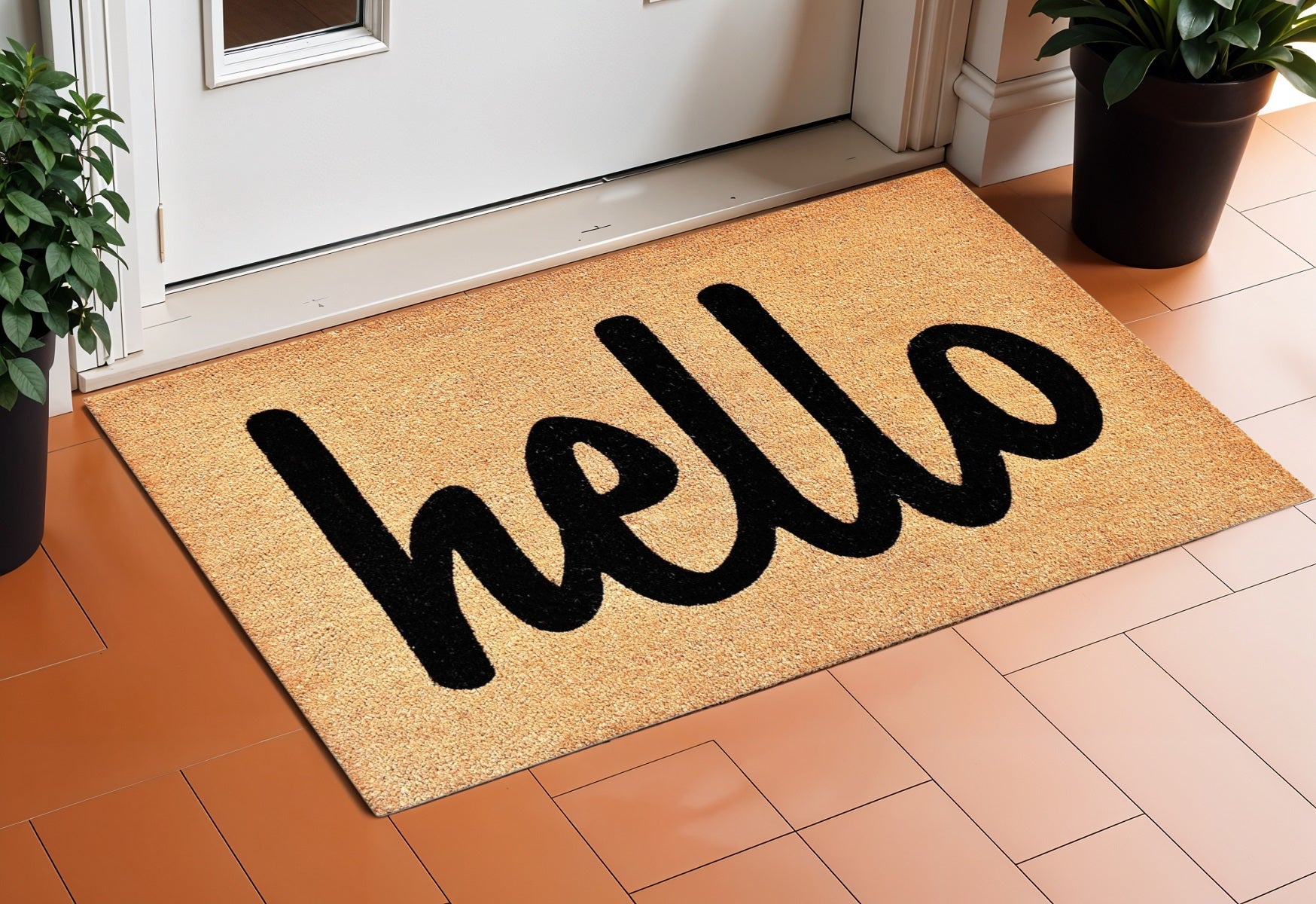 17" X 29" Natural And Black Hello Outdoor Coir Door Mat-1