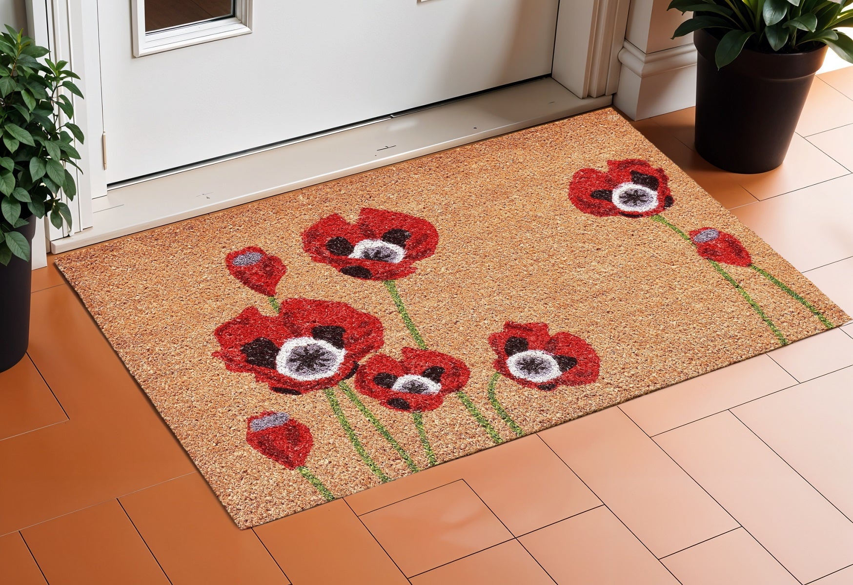 24" X 36" Natural And Red Coir Floral Outdoor Door Mat-1