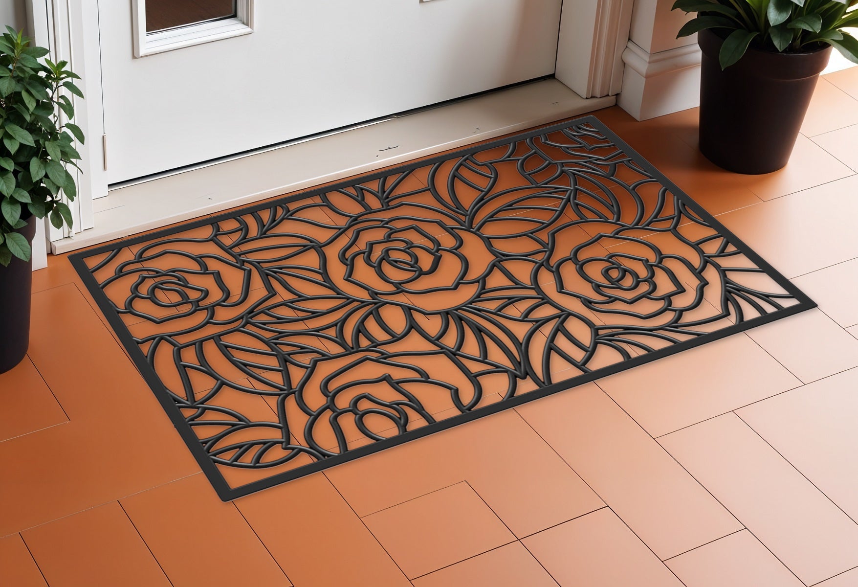 24" X 36" Black Floral Outdoor Rubber Door Mat-0
