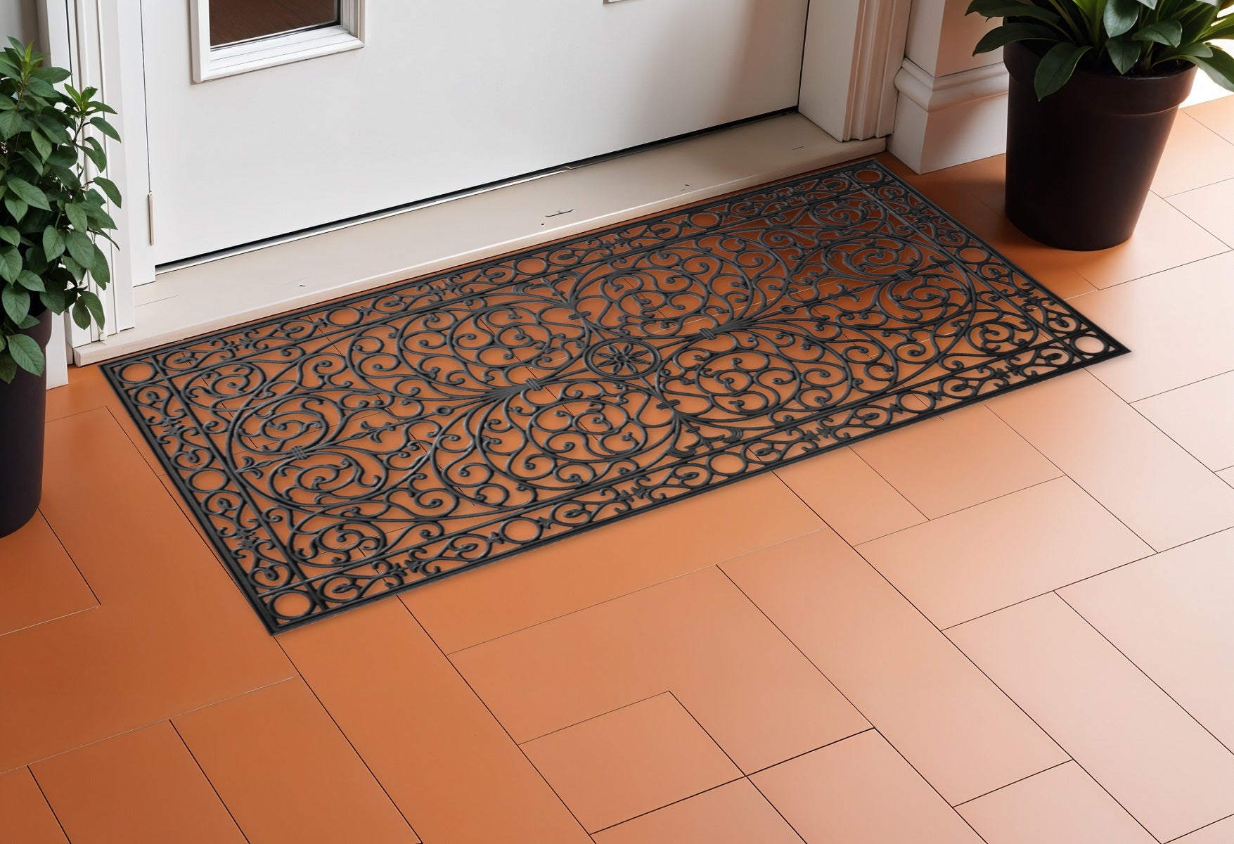 36" X 72" Black Scrollwork Outdoor Rubber Door Mat-1