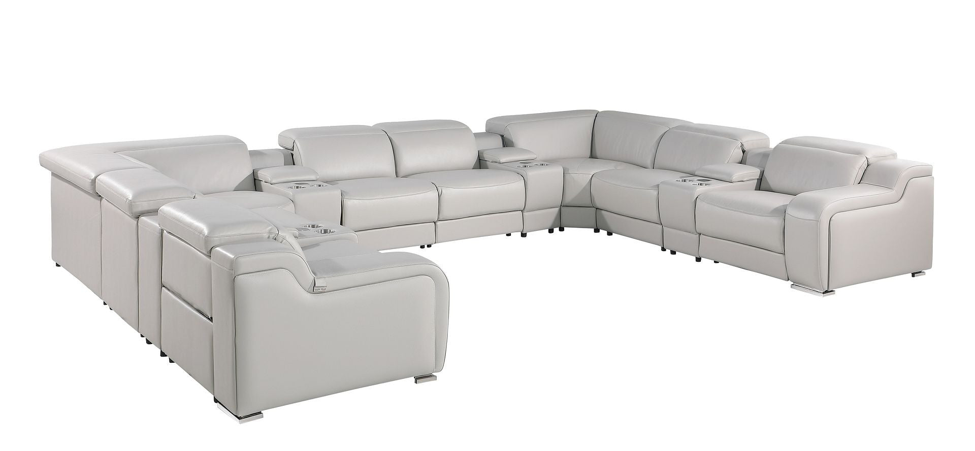 Light Gray Italian Leather Power Reclining U Shaped Twelve Piece Corner Sectional With Console-Sectionals-DECOROLALA