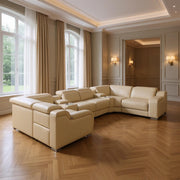 Beige Italian Leather Power Reclining U Shaped Eight Piece Corner Sectional With Console-Sectionals-DECOROLALA