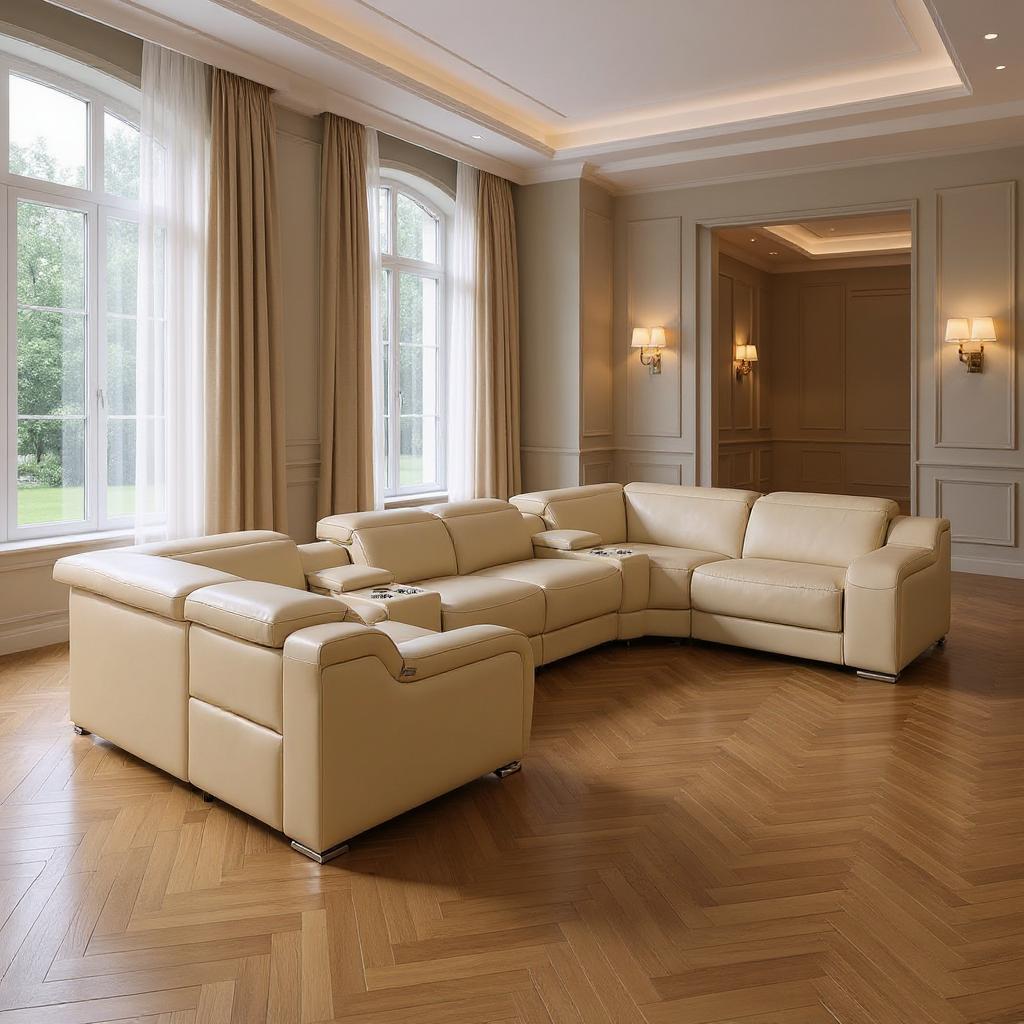 Beige Italian Leather Power Reclining U Shaped Eight Piece Corner Sectional With Console-Sectionals-DECOROLALA